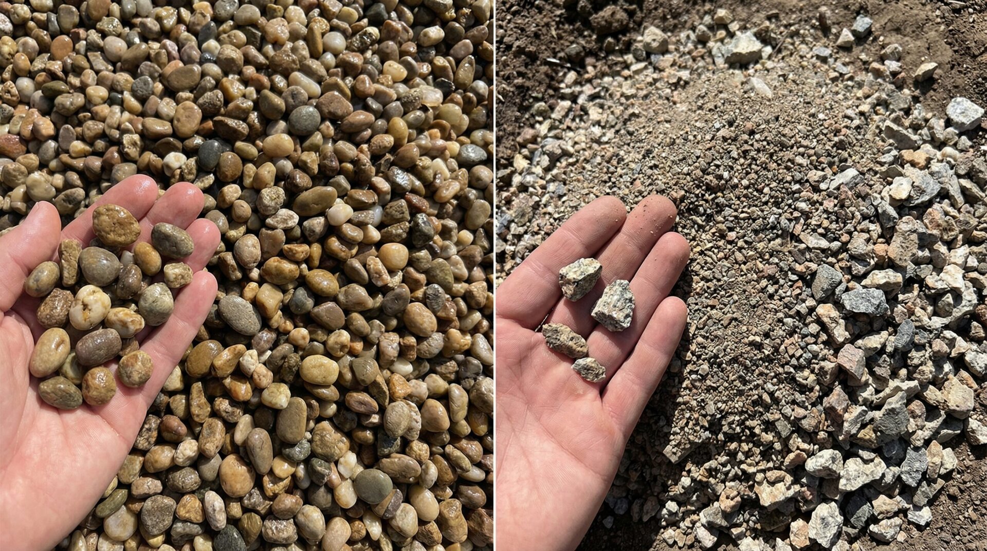close-up texture comparison showing pea gravel's smooth rounded stones versus decomposed granite's fine, angular particles