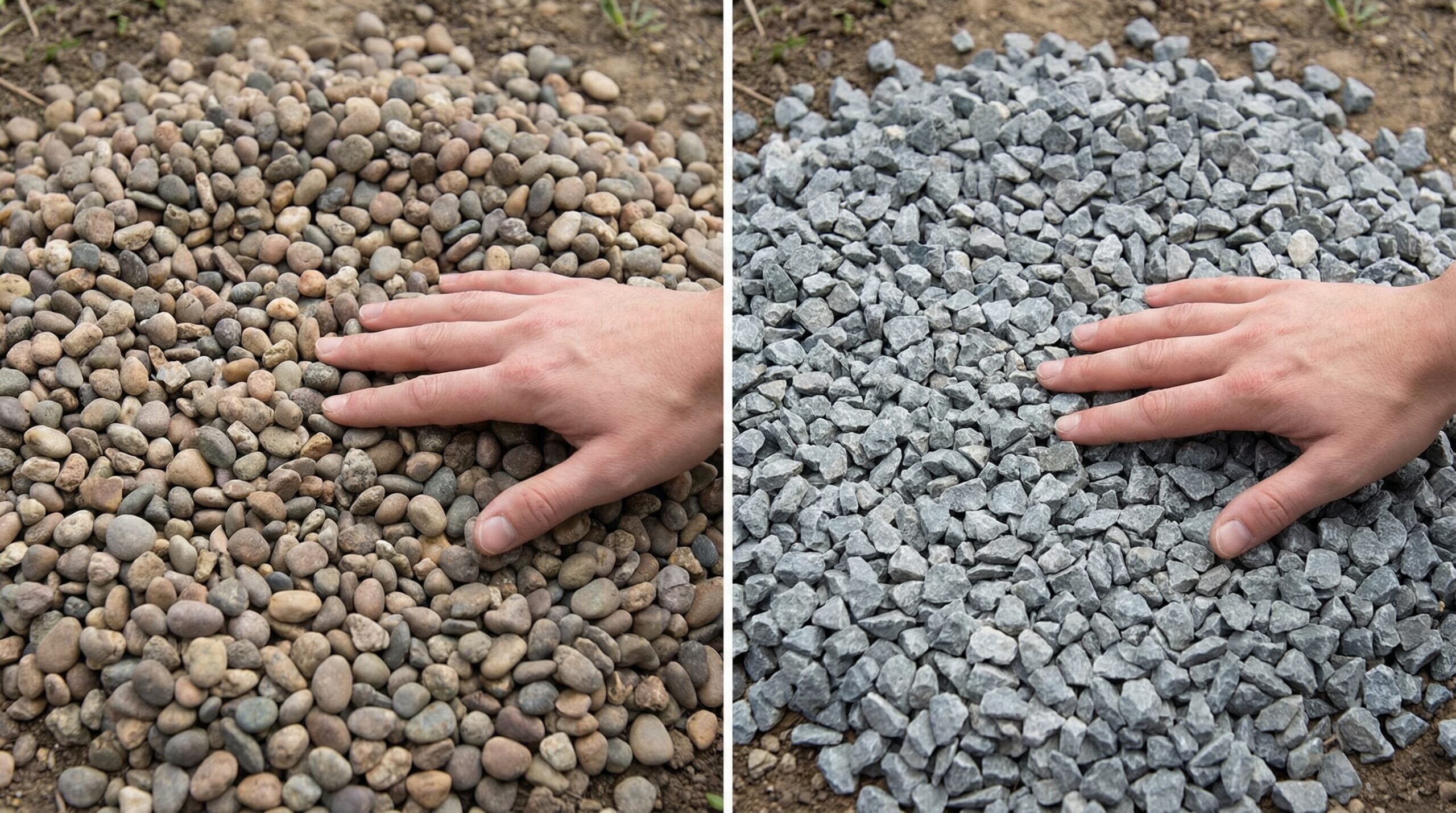 Comparison of pea gravel versus crushed stone showing particle shapes and compaction