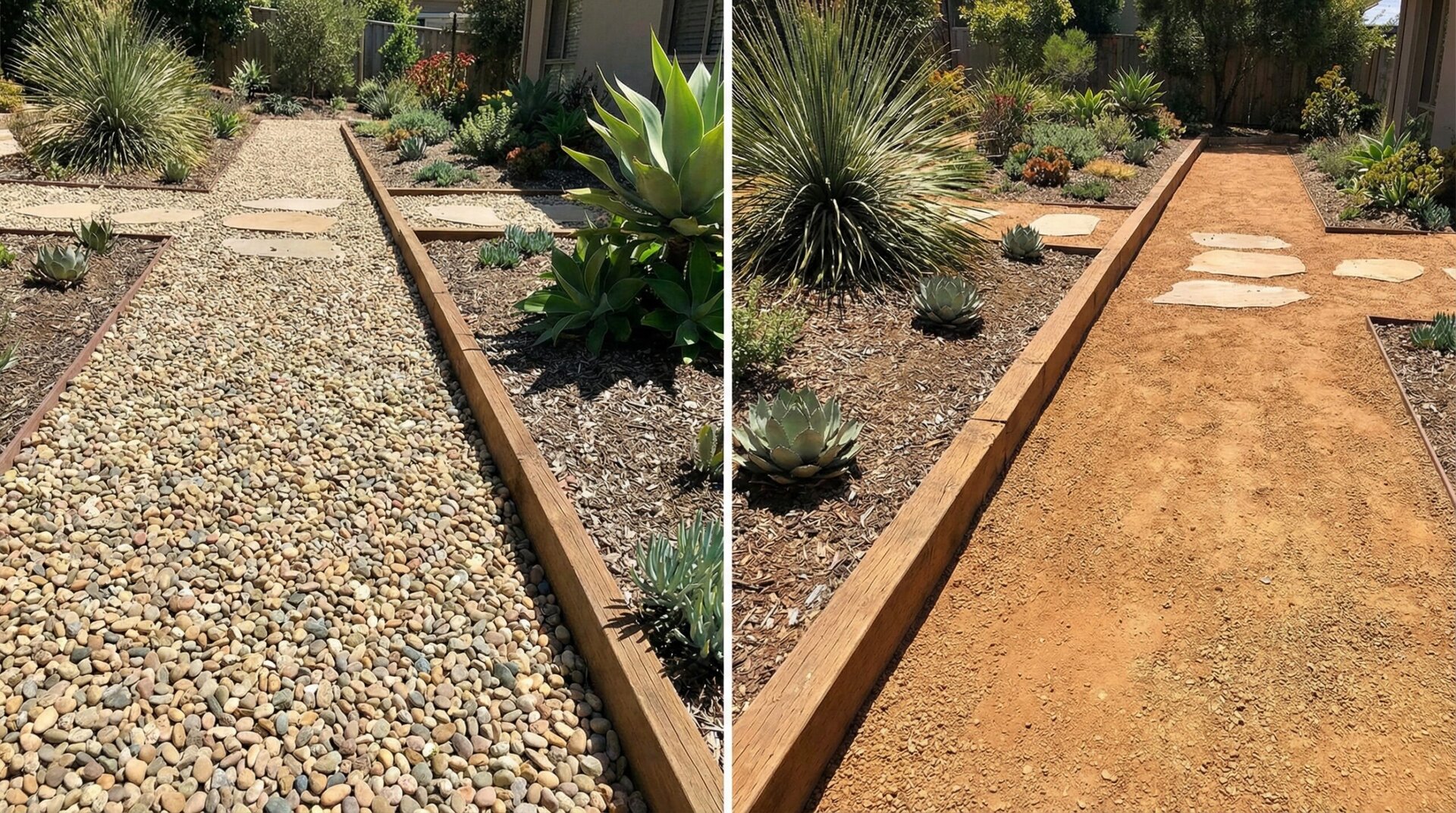 side-by-side comparison of pea gravel and decomposed granite materials in outdoor setting