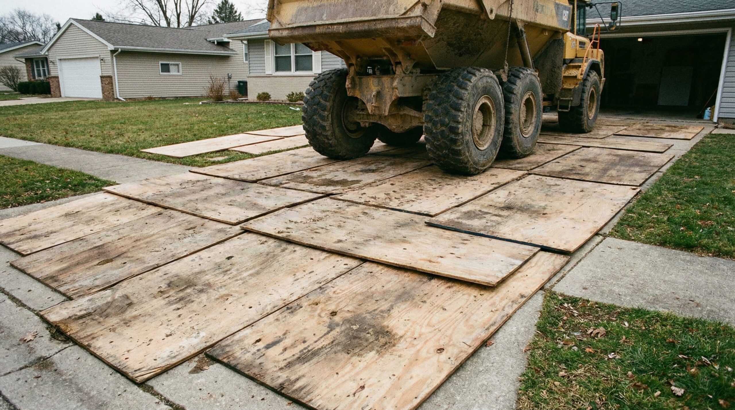 Plywood sheets laid out on driveway for truck protection