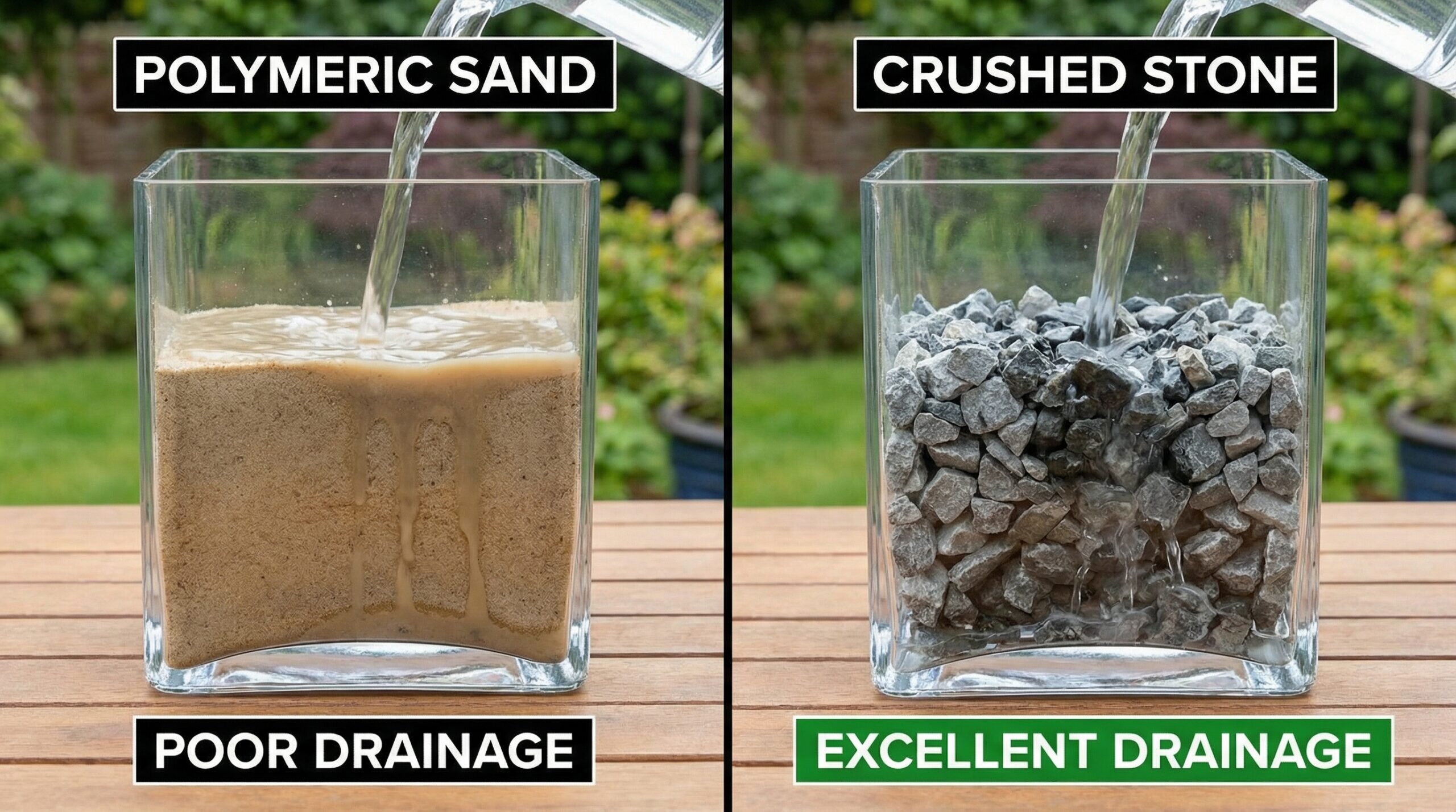 Comparison showing polymeric sand vs crushed stone drainage properties