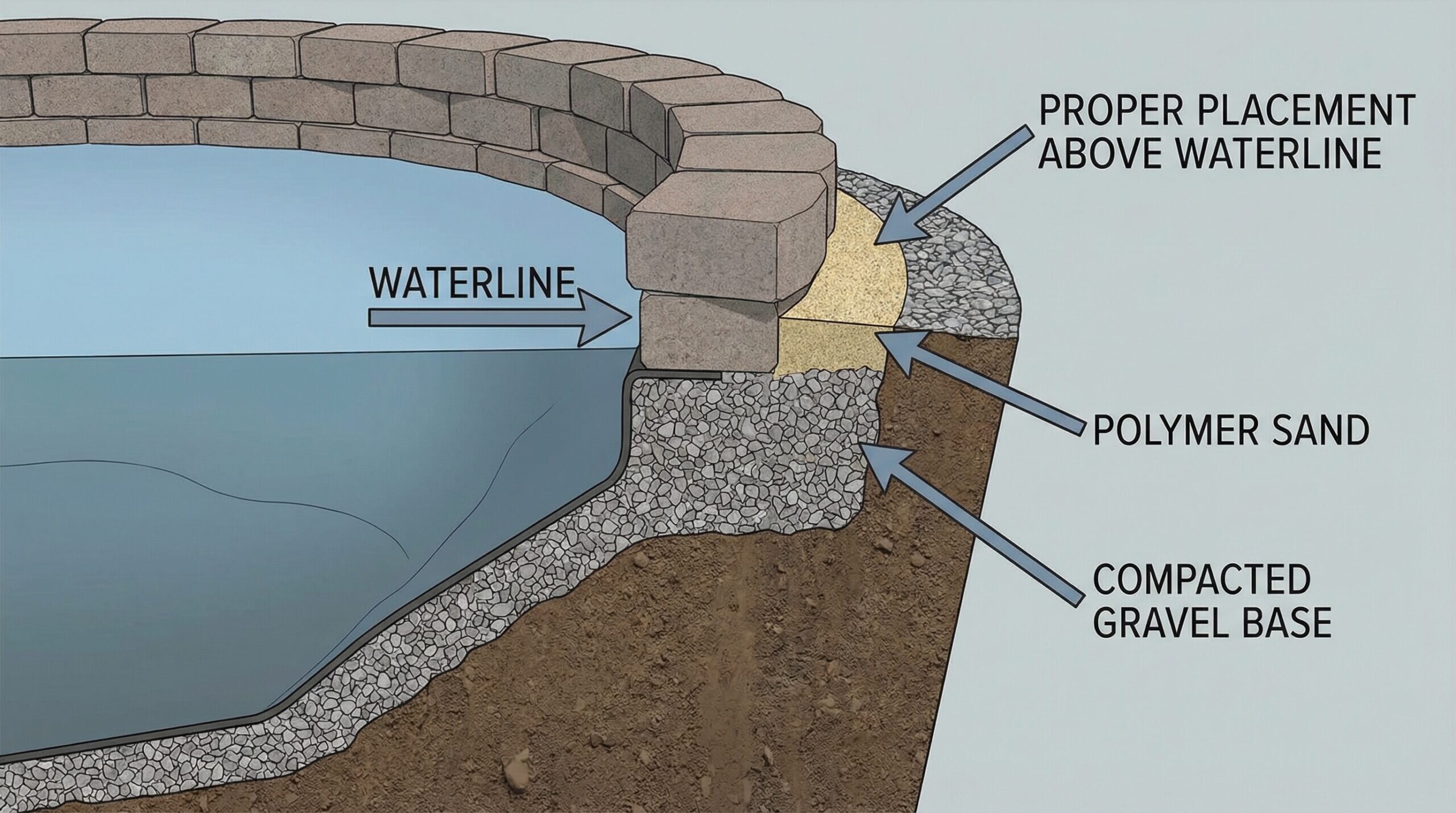 Cross section diagram showing proper polymeric sand placement above pond waterline