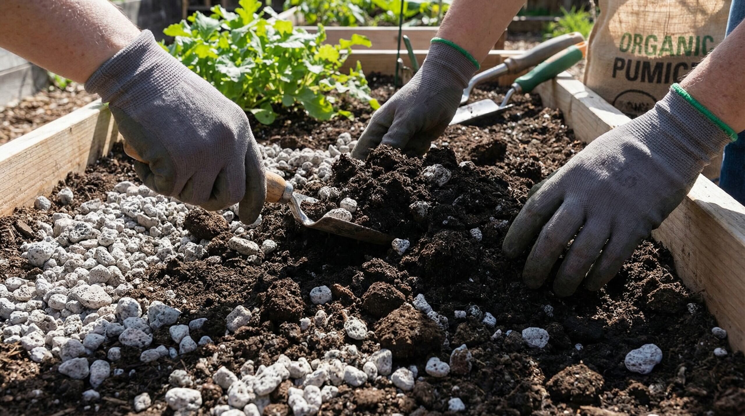 Step-by-step diagram showing pumice being mixed into raised bed soil
