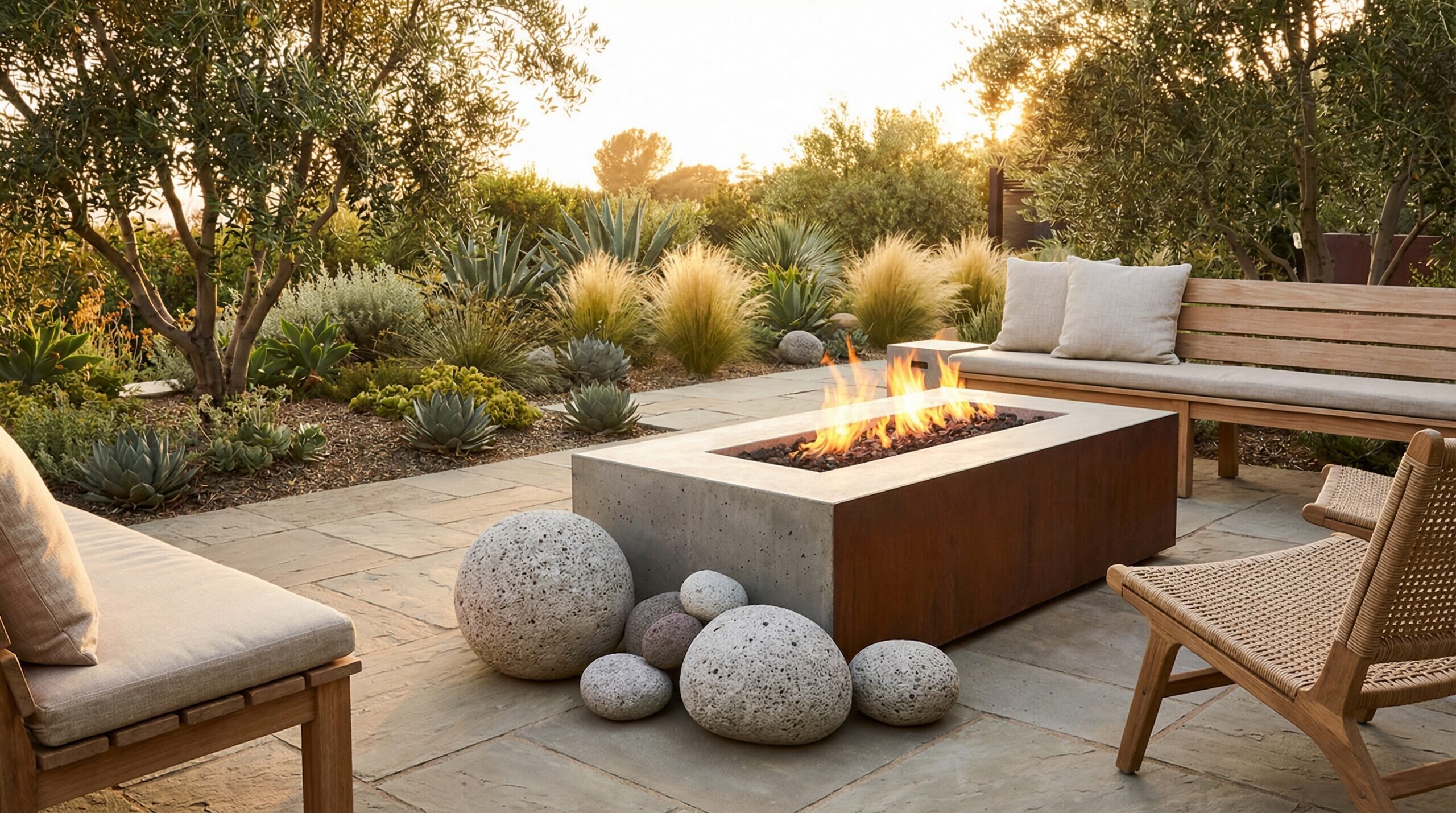 Pumice Stones Around Modern Fire Pit Outdoor Patio Setting
