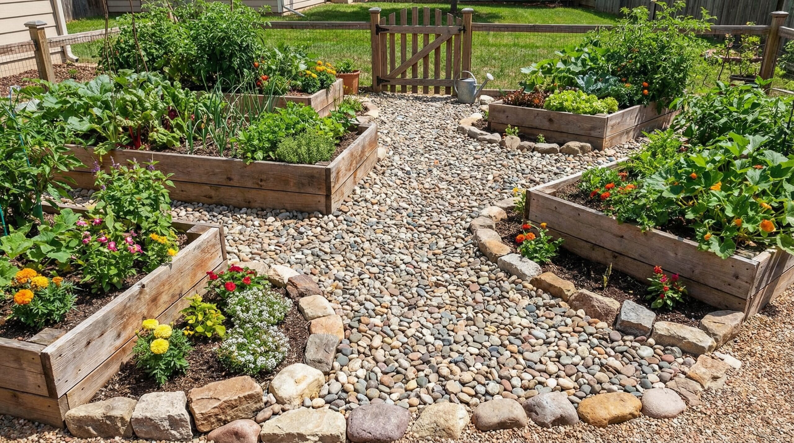 Raised garden beds with river rock pathways and edging