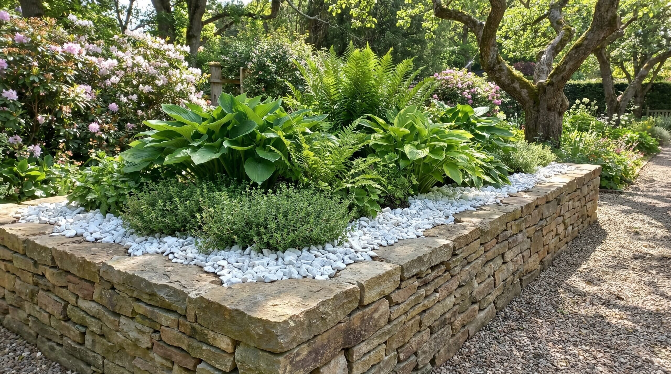 Raised garden bed with white marble chips and green plants