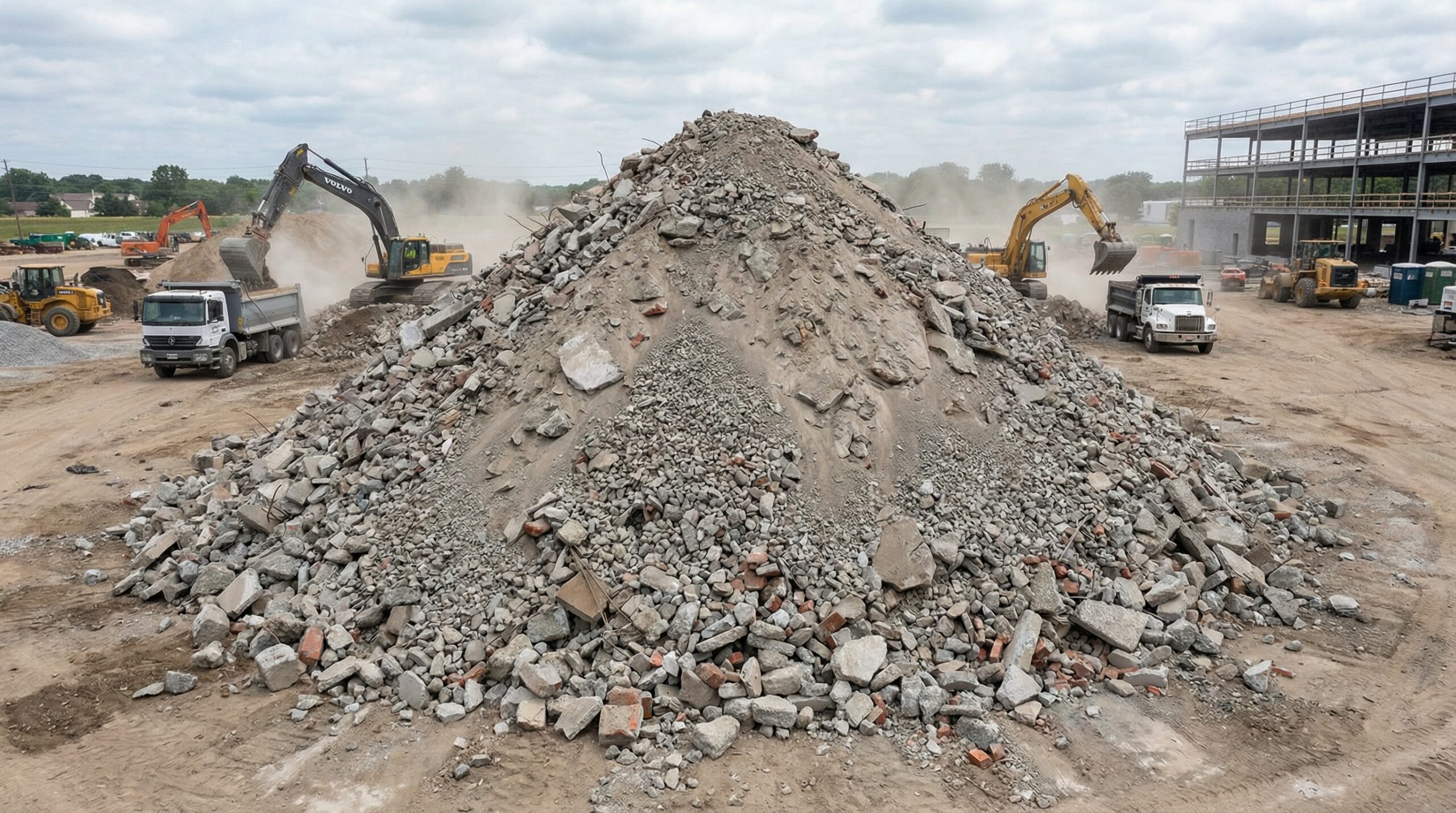 Recycled crushed concrete aggregate pile at construction site