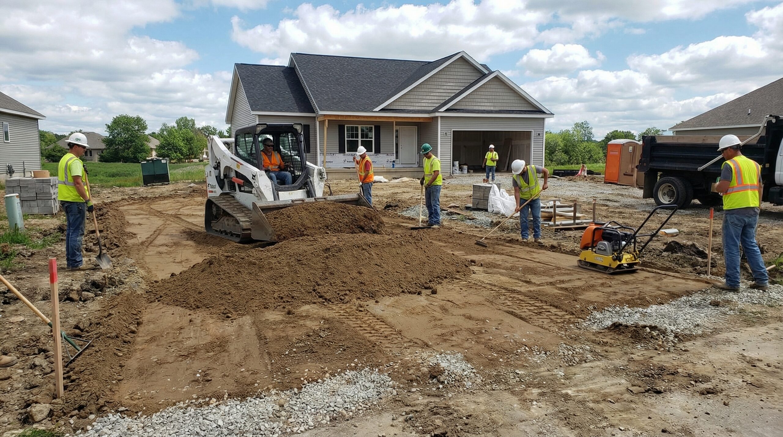 Residential driveway construction showing fill dirt base layer