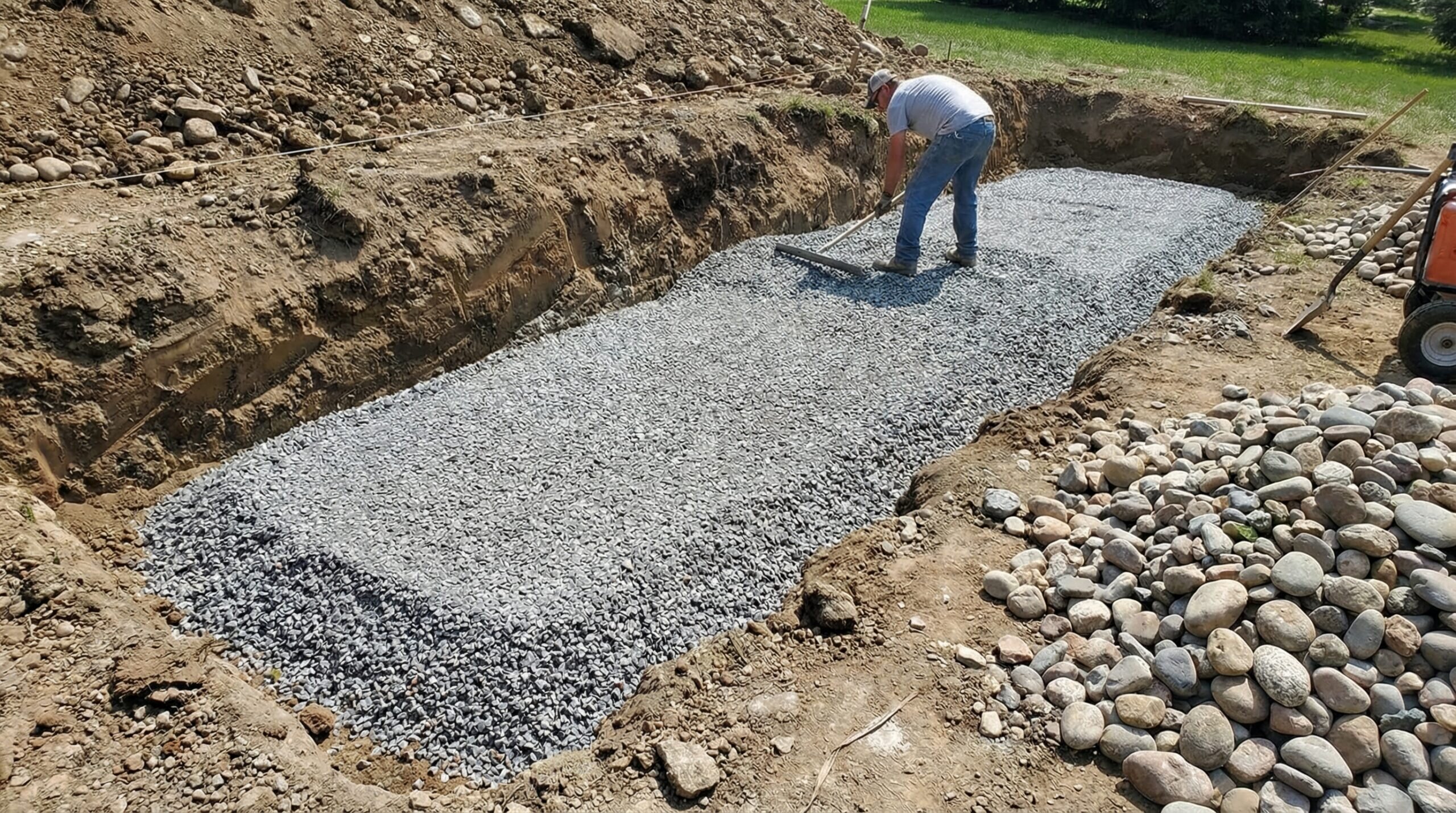 Step by step construction showing crushed stone base with river rock wall