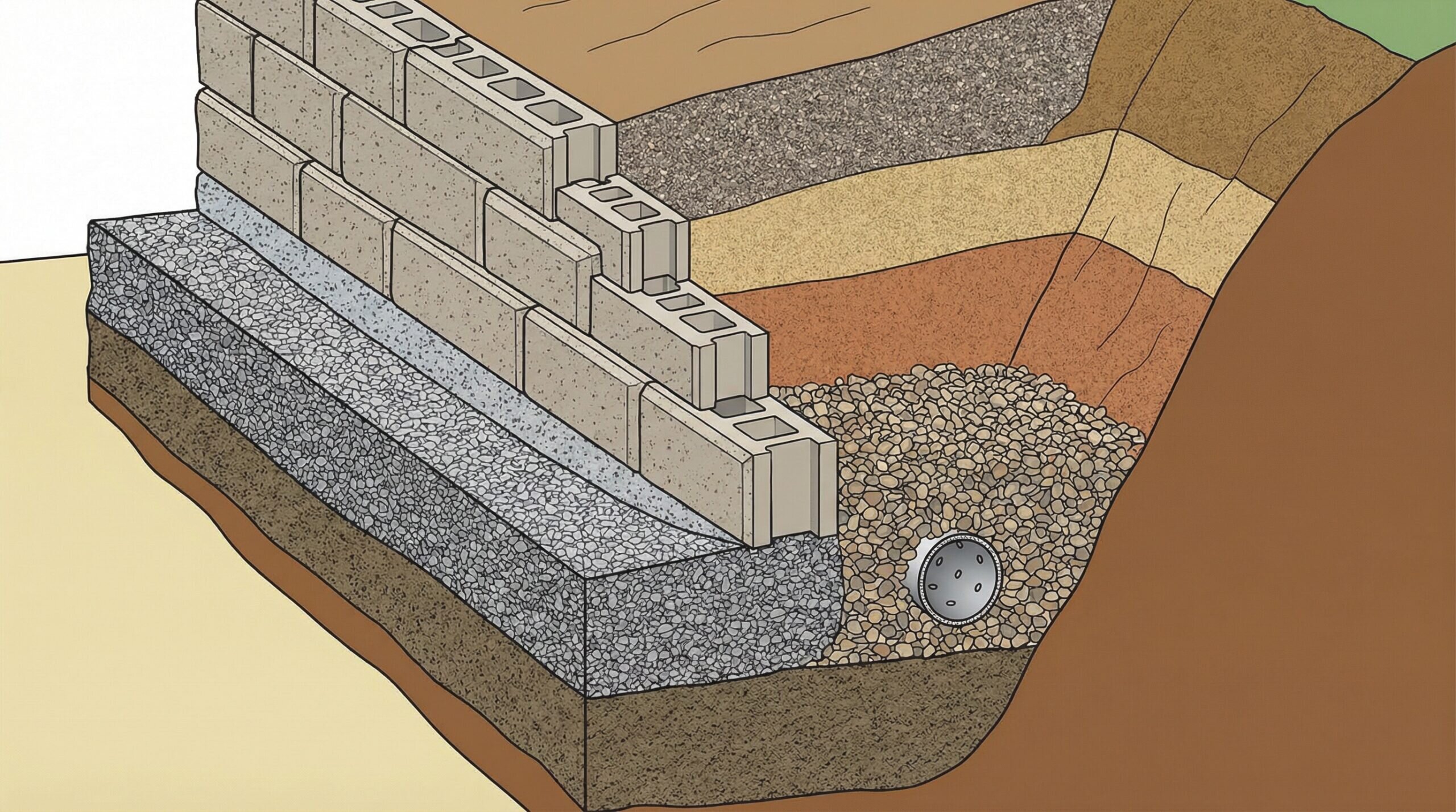 Cross-section of retaining wall showing different base material layers