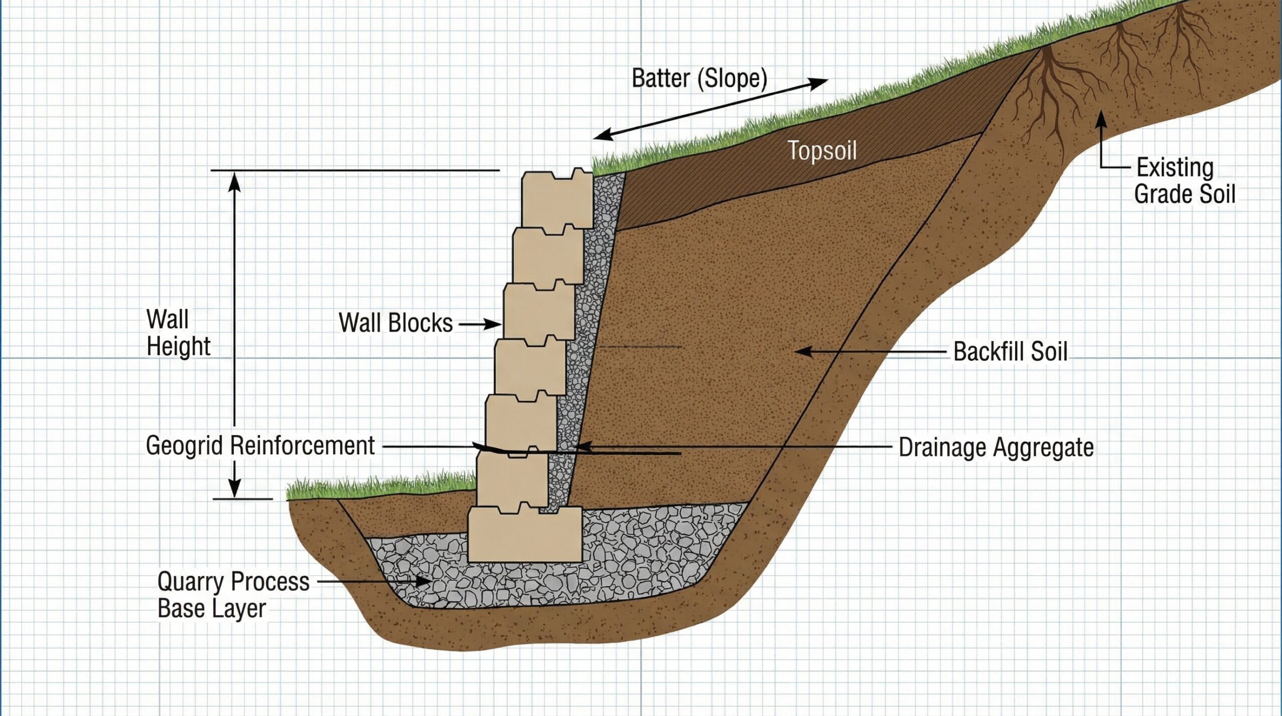 Cross-section diagram of a retaining wall showing the quarry process base layer