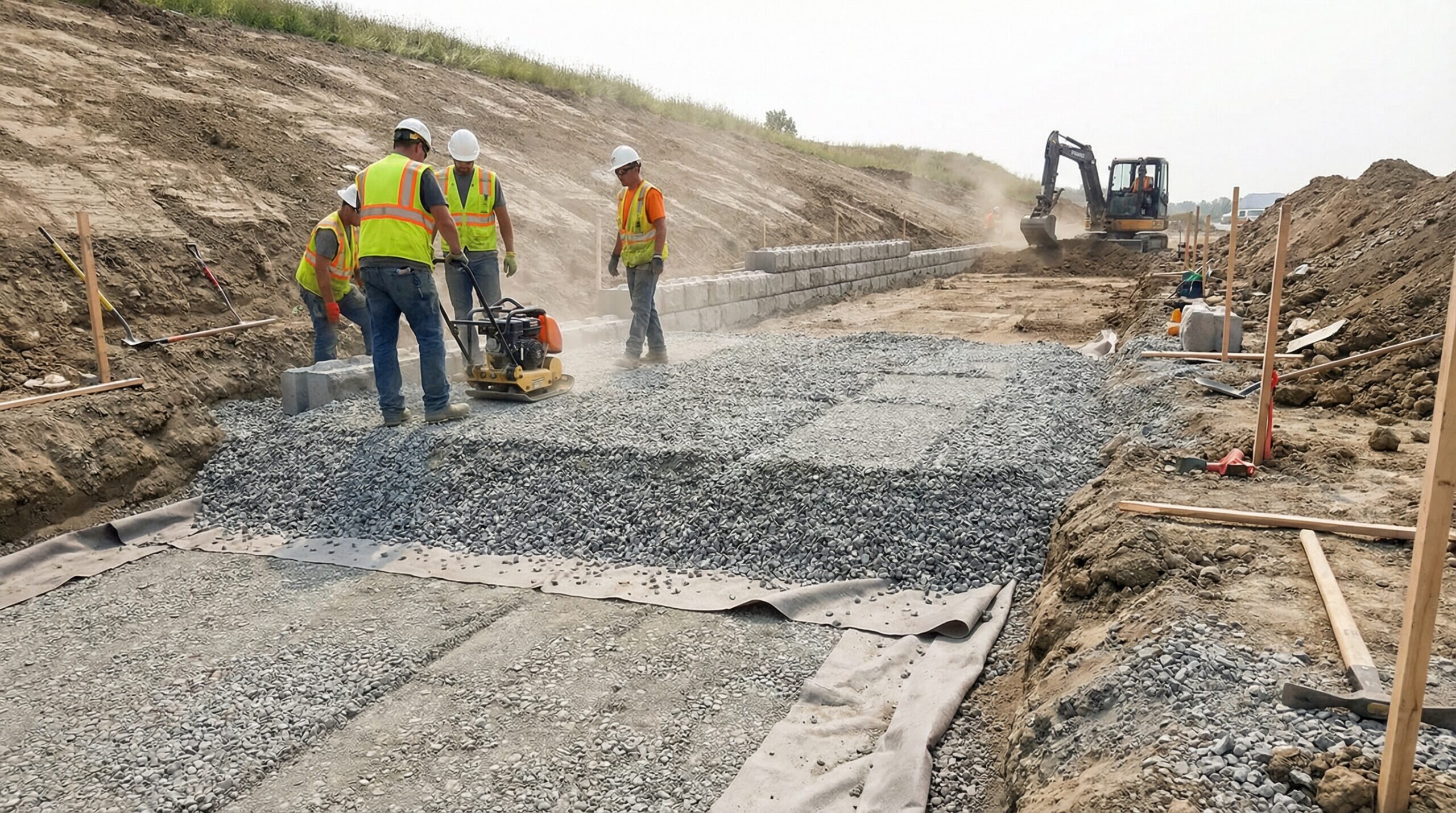 Retaining wall installation showing layered base system with compacted materials