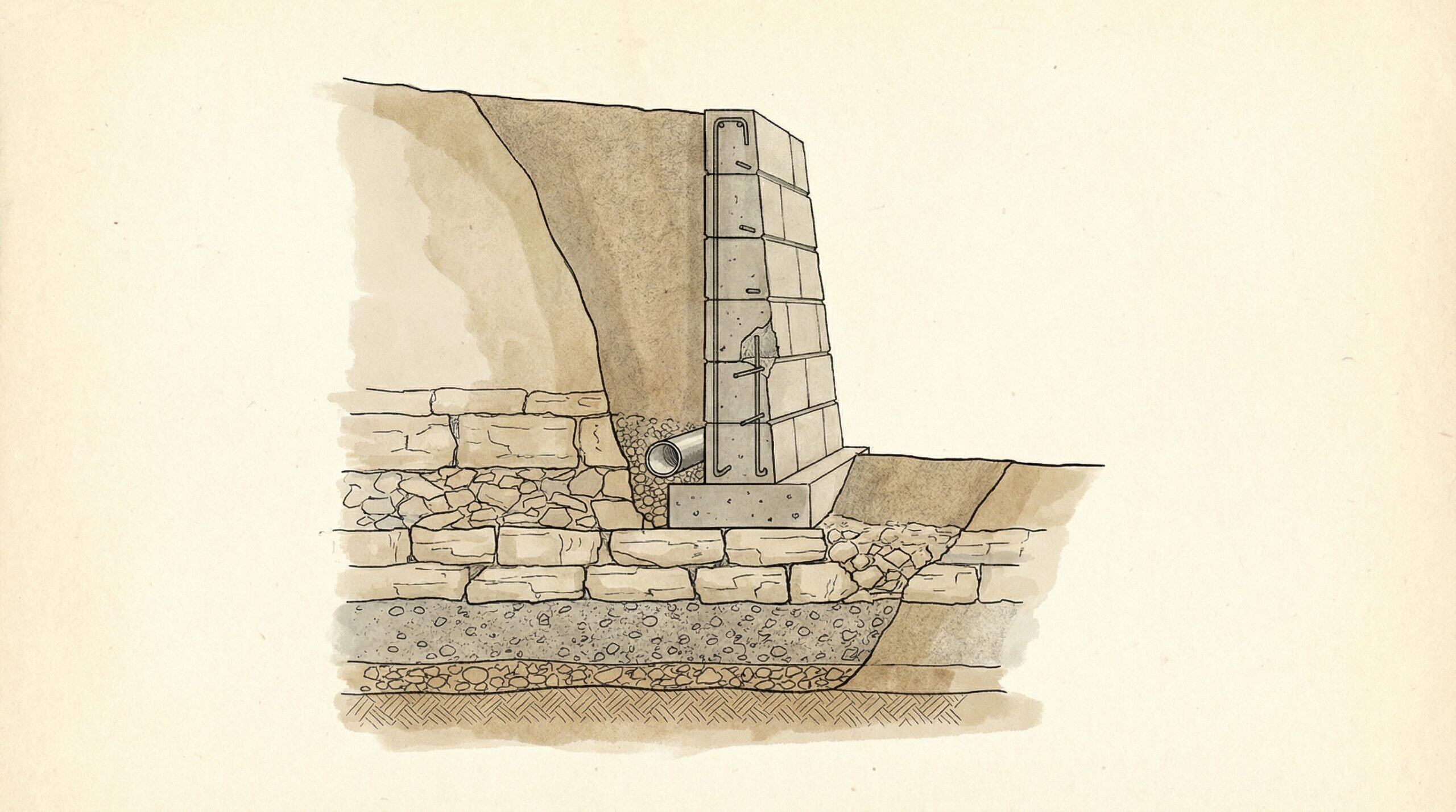 Cross-section of retaining wall with limestone base showing layers