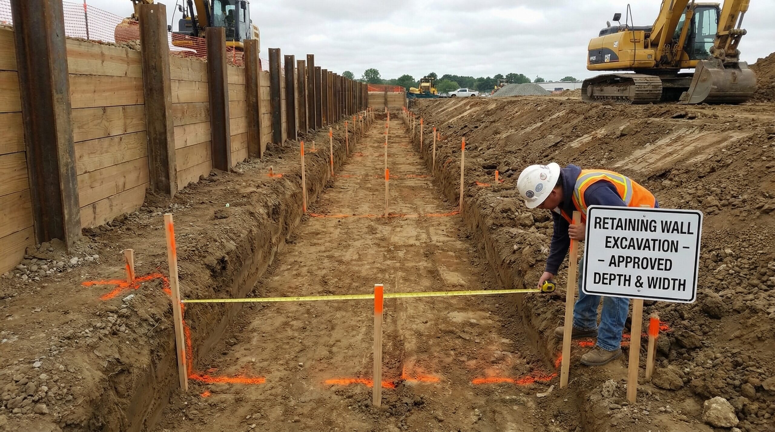 Excavated trench for retaining wall showing proper dimensions
