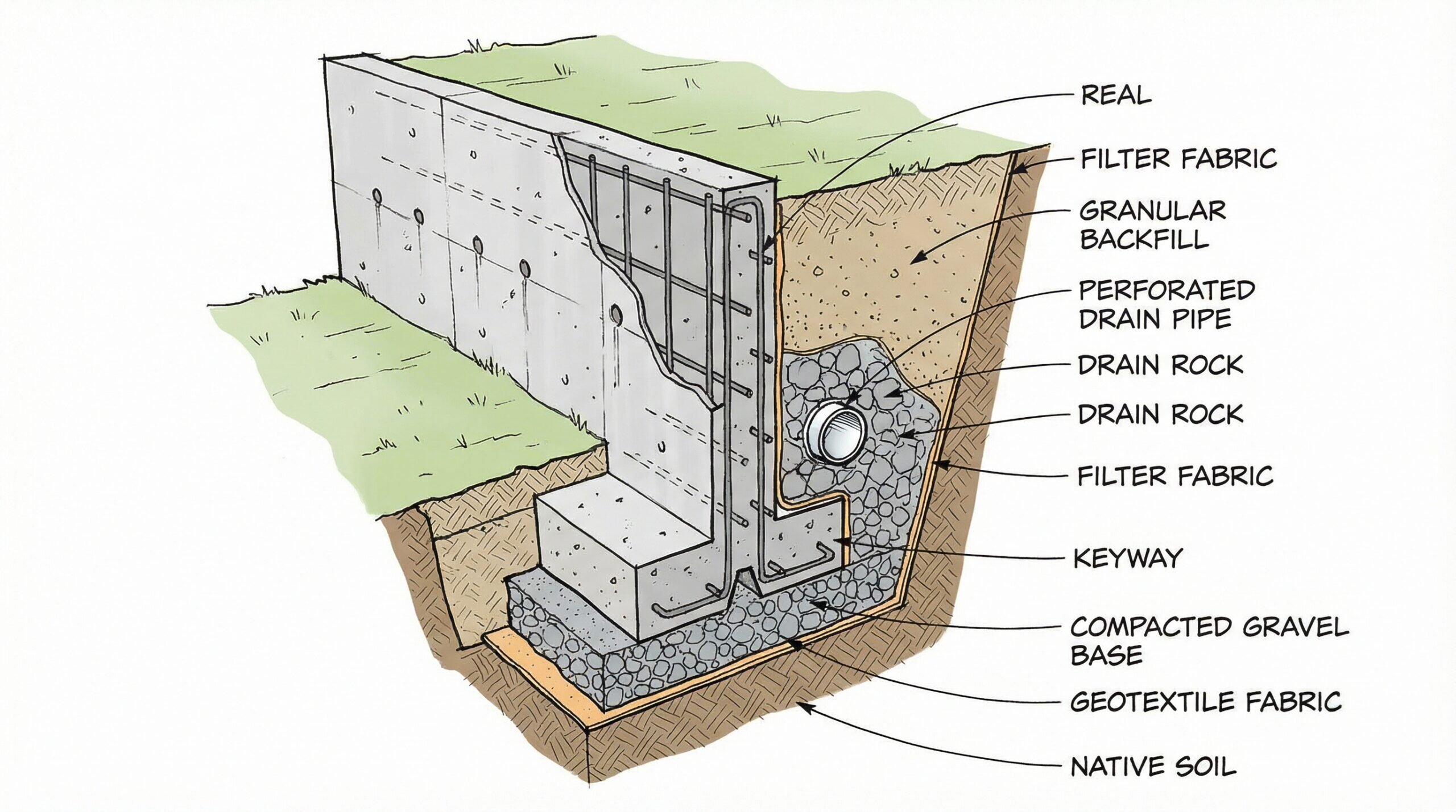 Cross section diagram of a retaining wall showing proper base construction