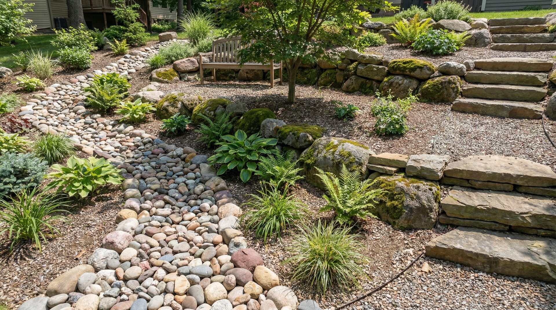 River rock used in decorative garden bed with plants