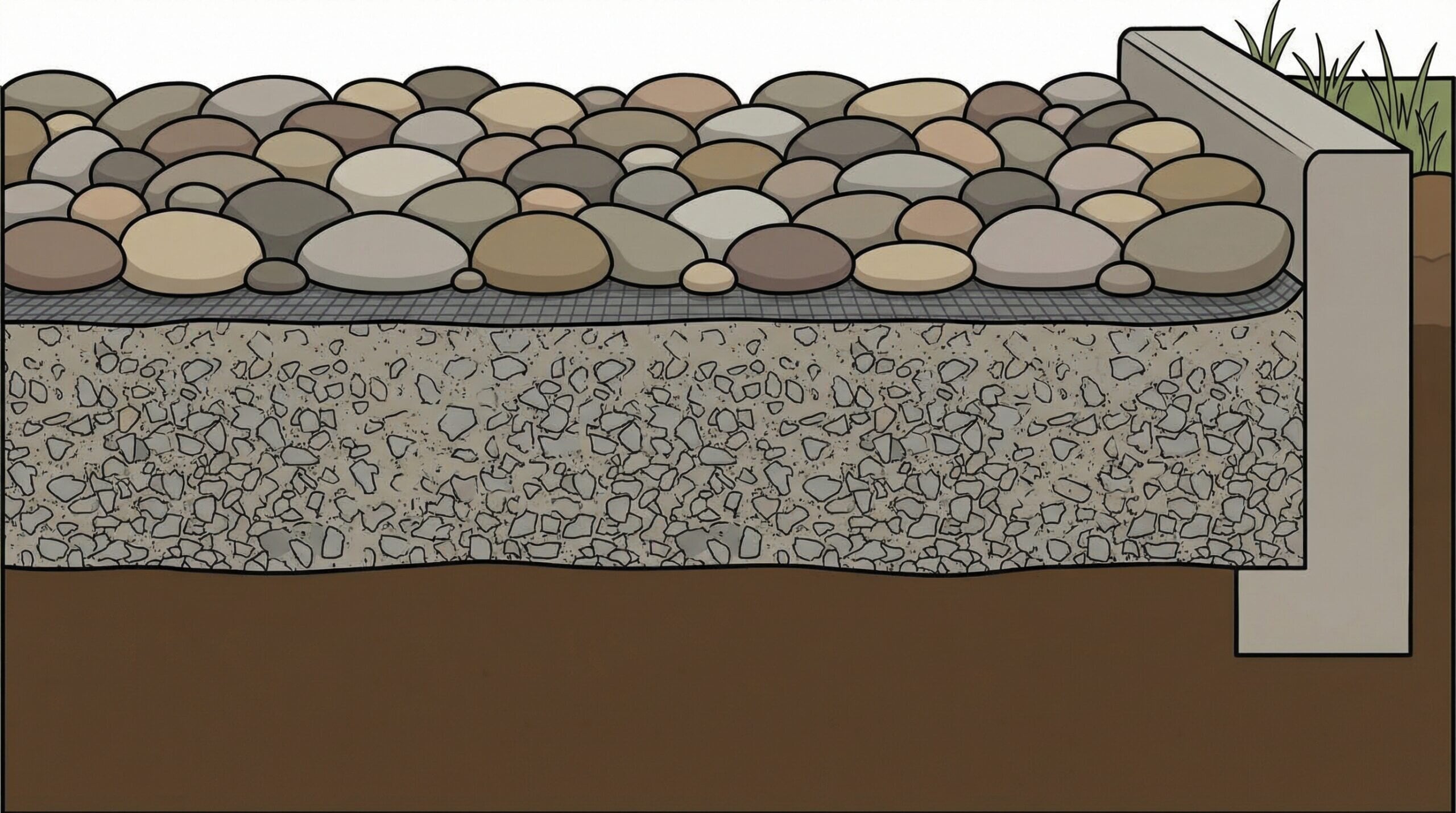 Cross section diagram showing river rock installation layers