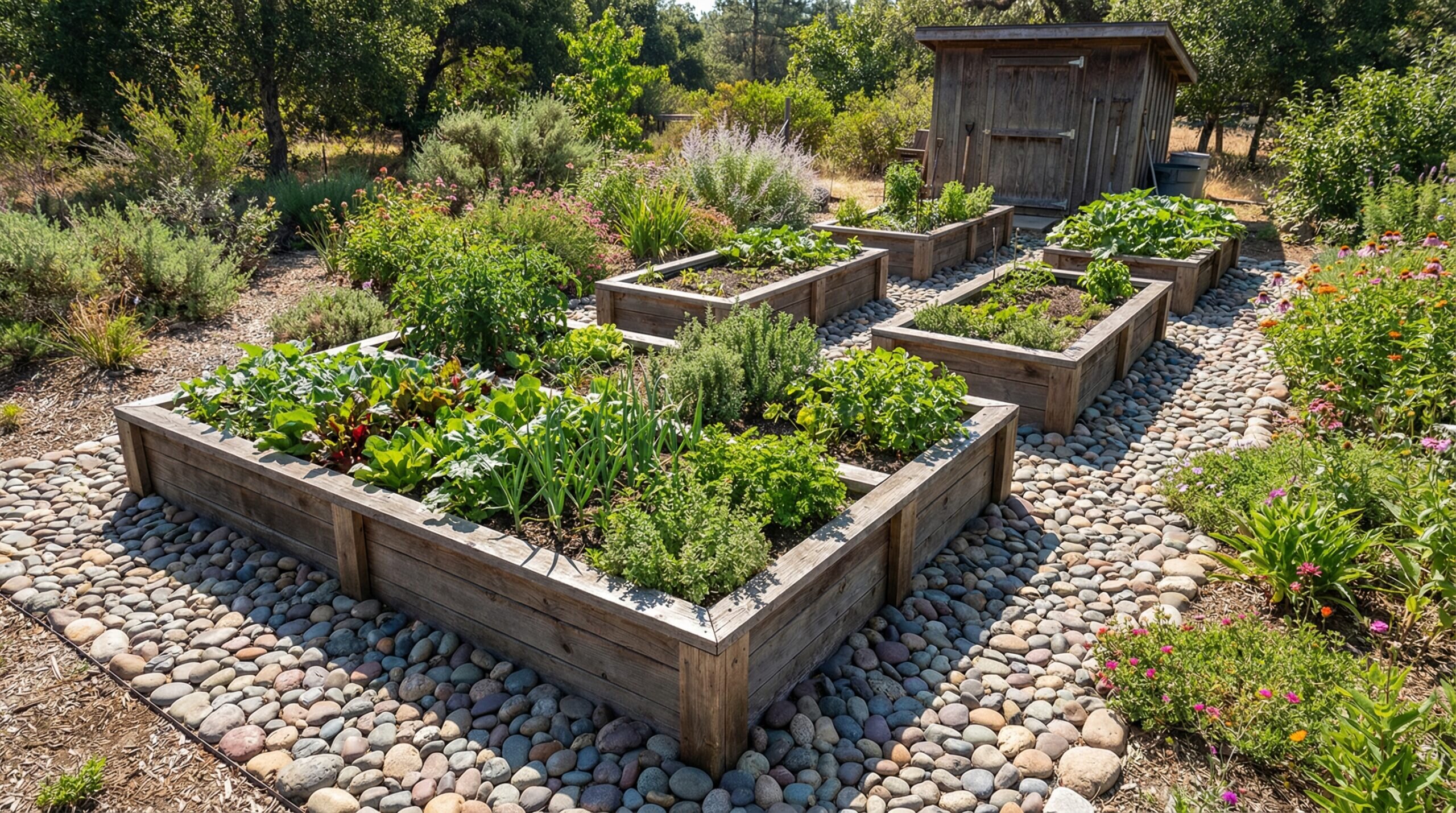 Overview of a raised garden bed with river rock