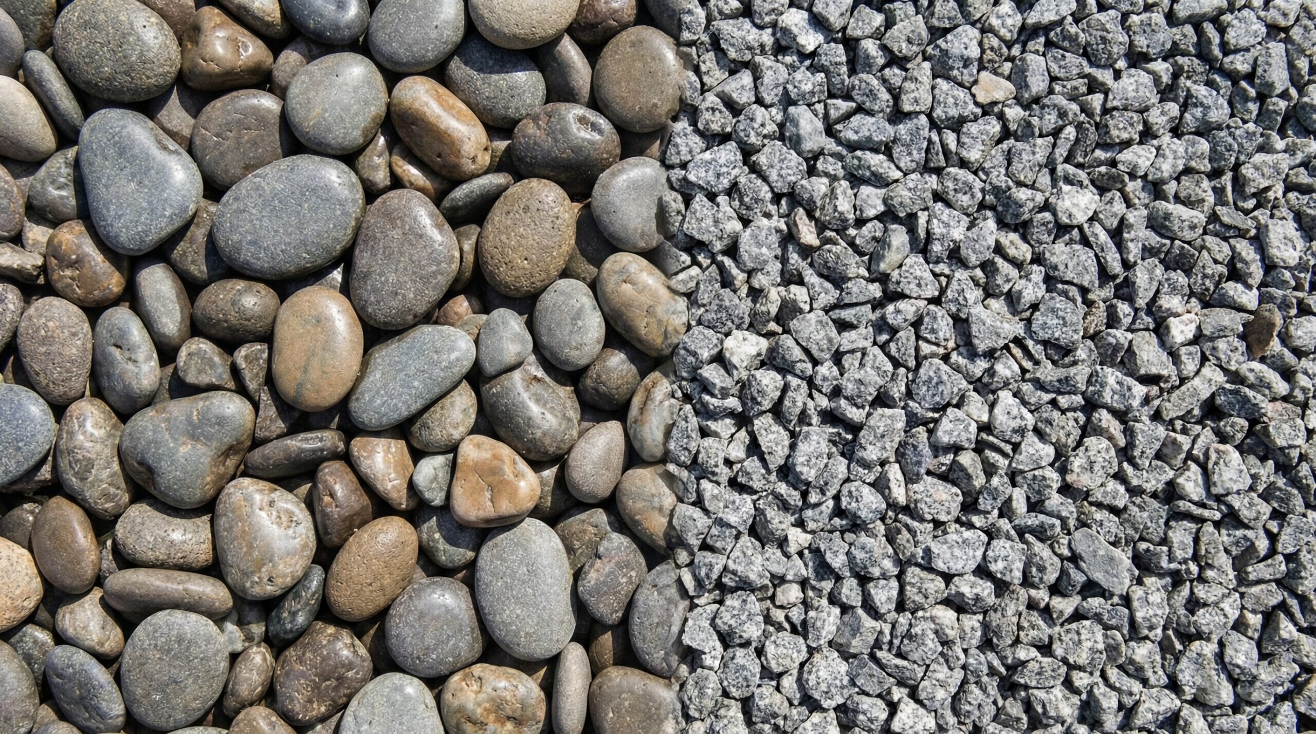 Side by side comparison of river rock versus crushed stone texture