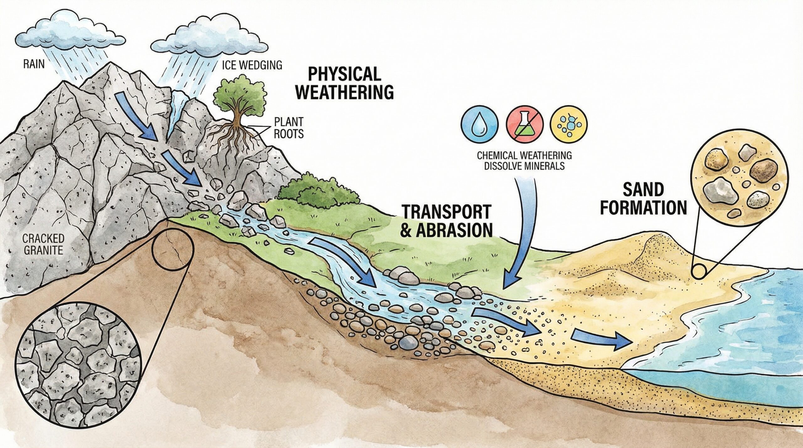 Diagram showing rock weathering process leading to sand particle formation