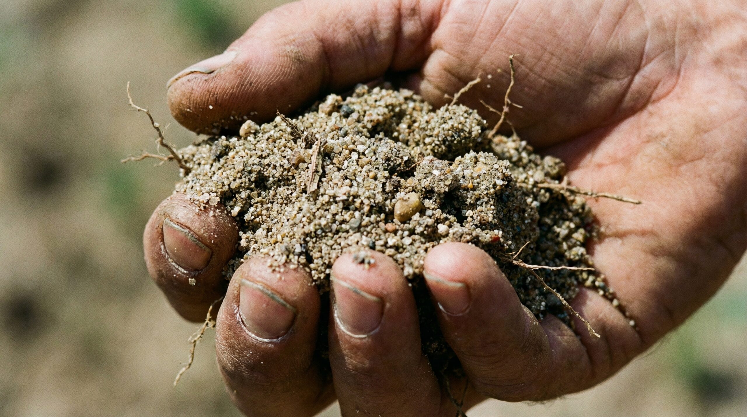 Close-up photo of sandy soil in hand showing coarse gritty texture