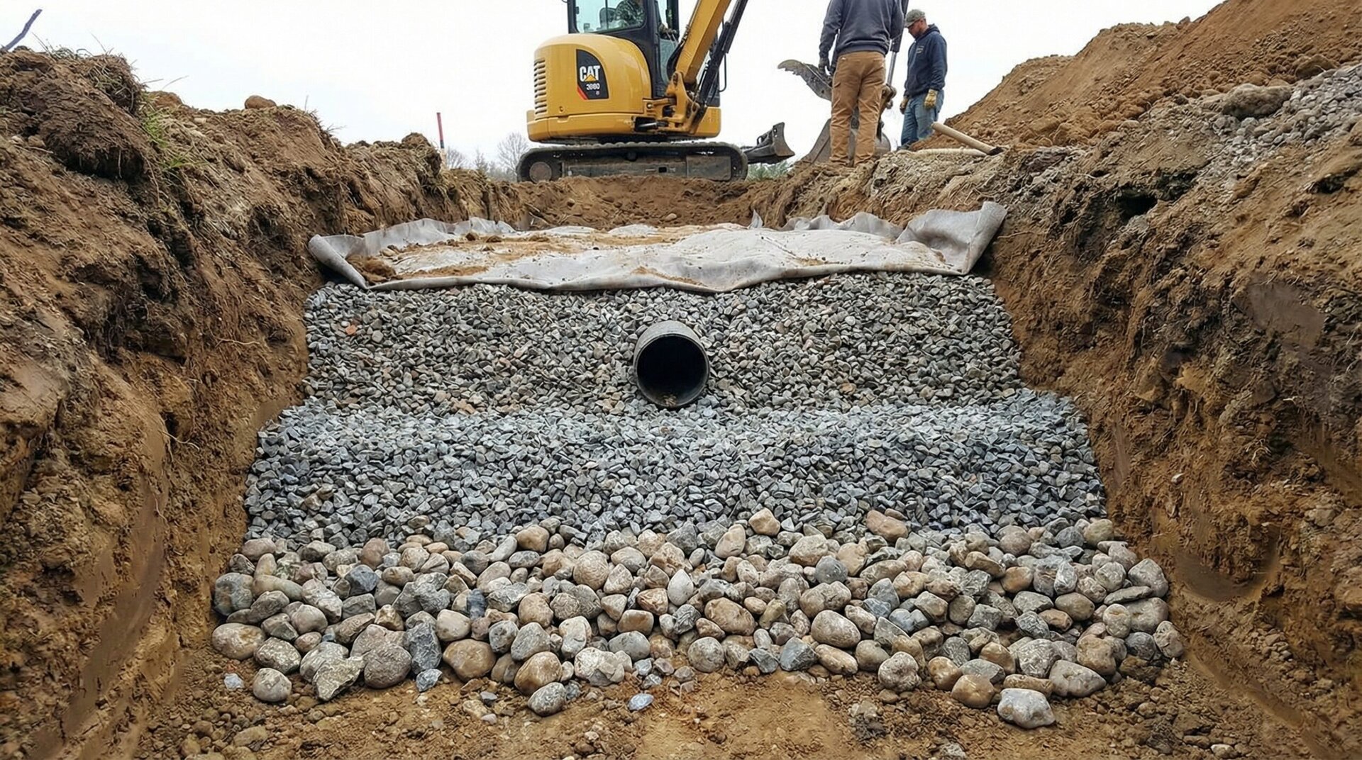 Septic rock installation process layering drain field