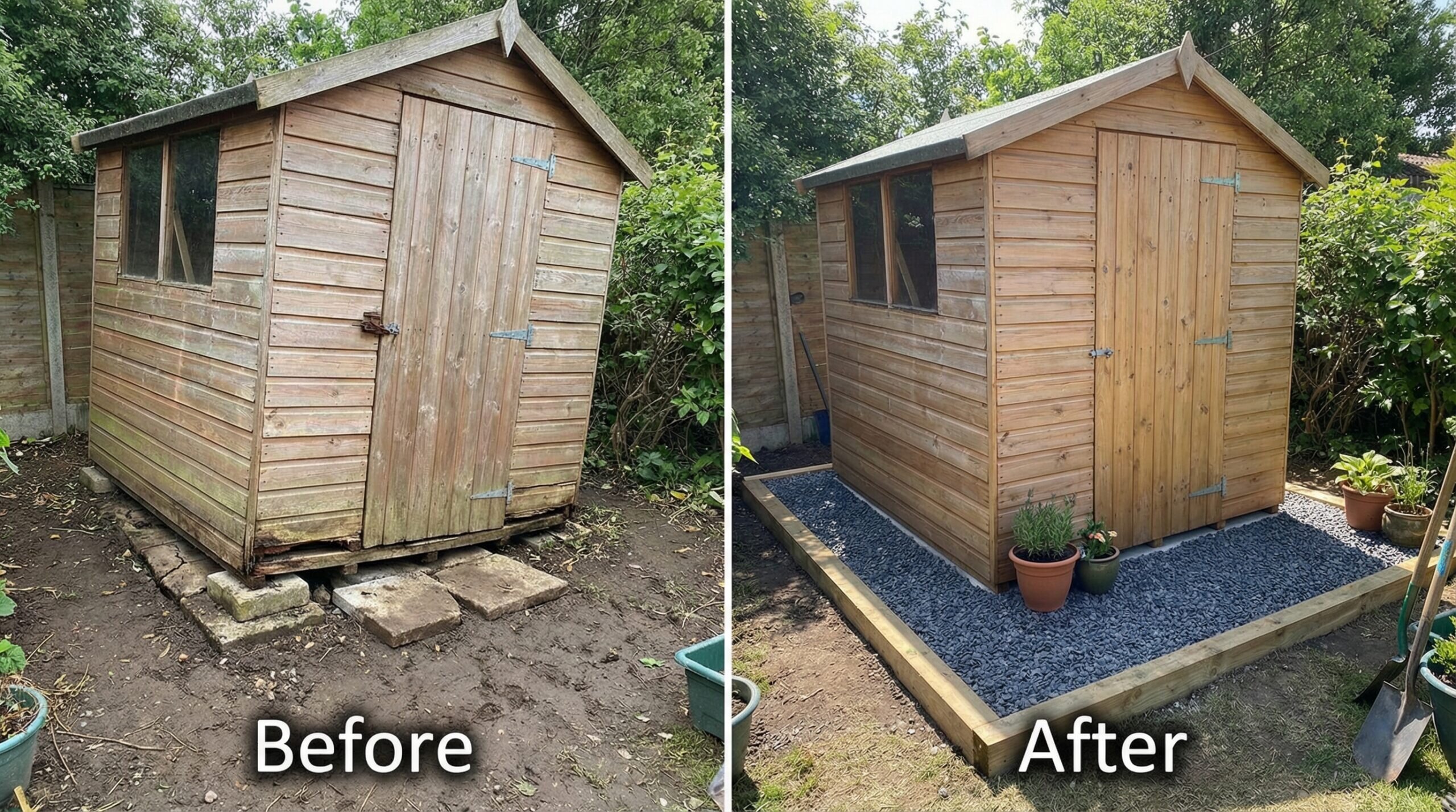 Shed foundation problems comparison before and after proper foundation