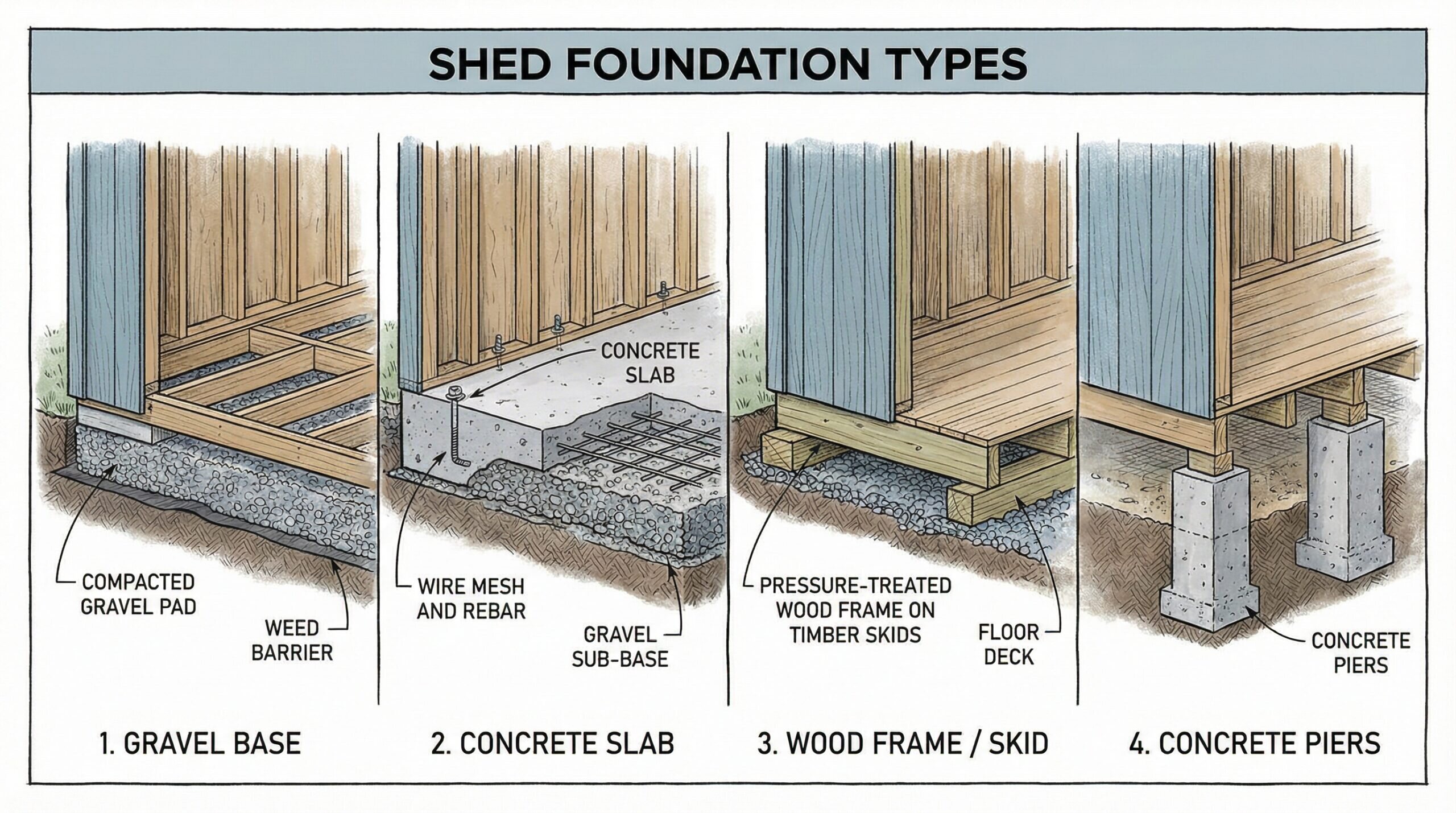 Different types of shed foundations comparison diagram showing gravel base, concrete slab, wood frame, and concrete piers