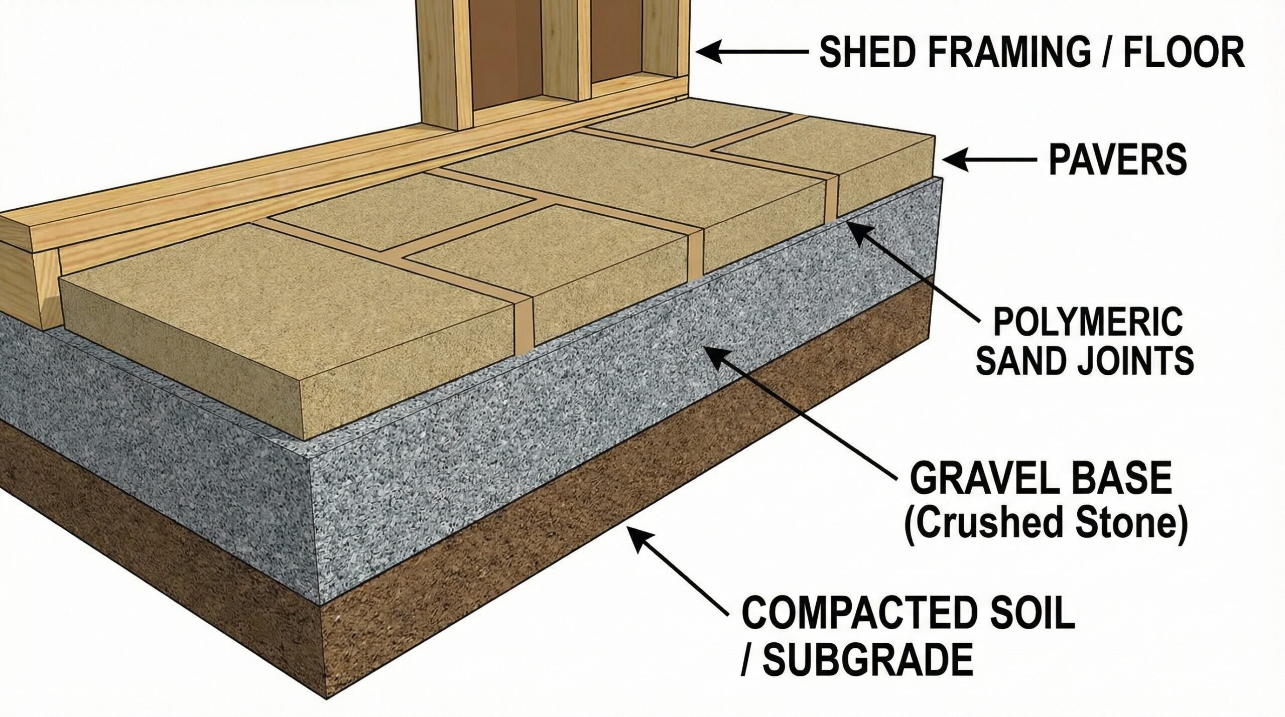 Cross-section diagram showing proper shed foundation layers with polymeric sand