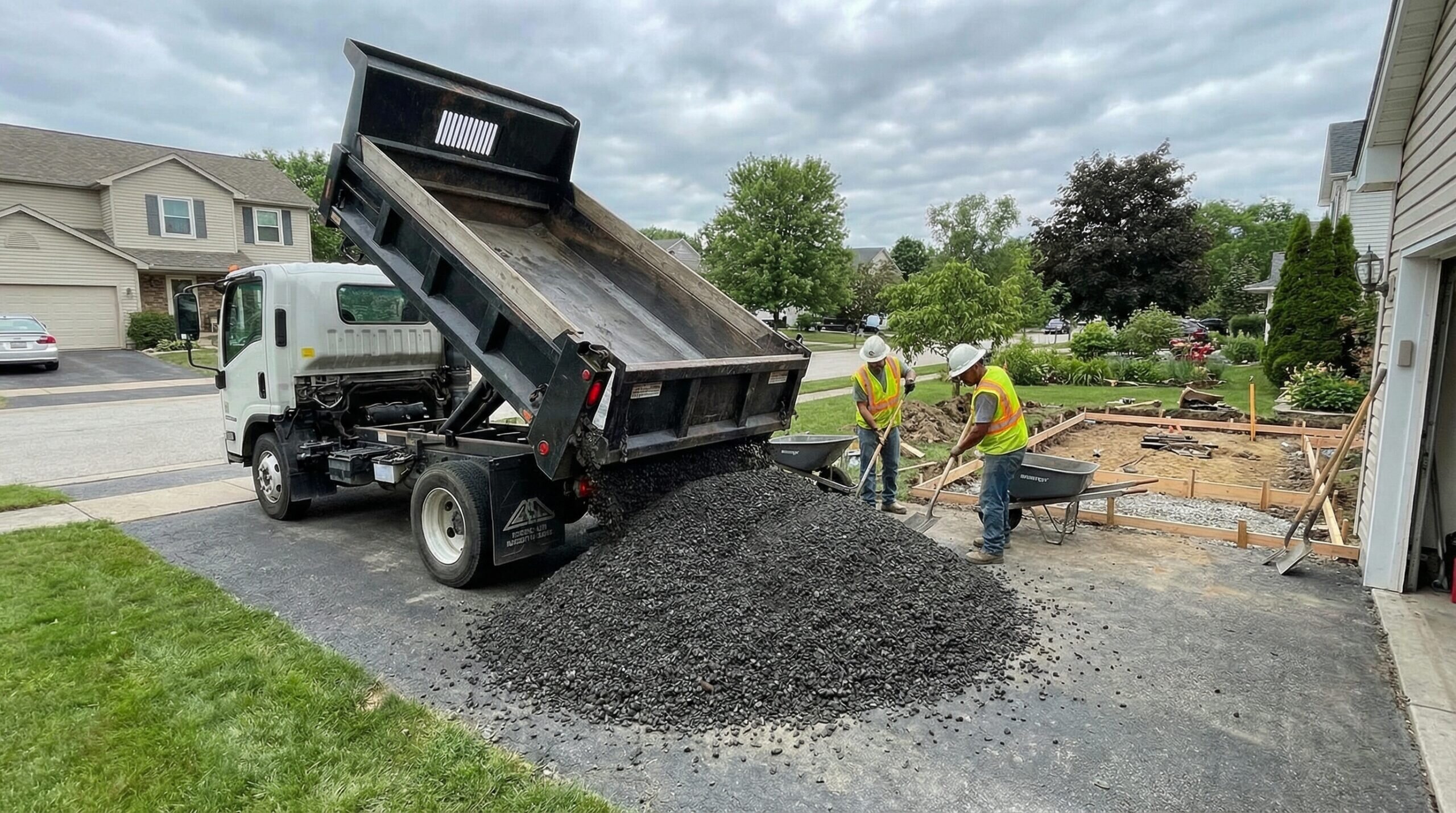 Delivery truck with slag material at residential patio installation