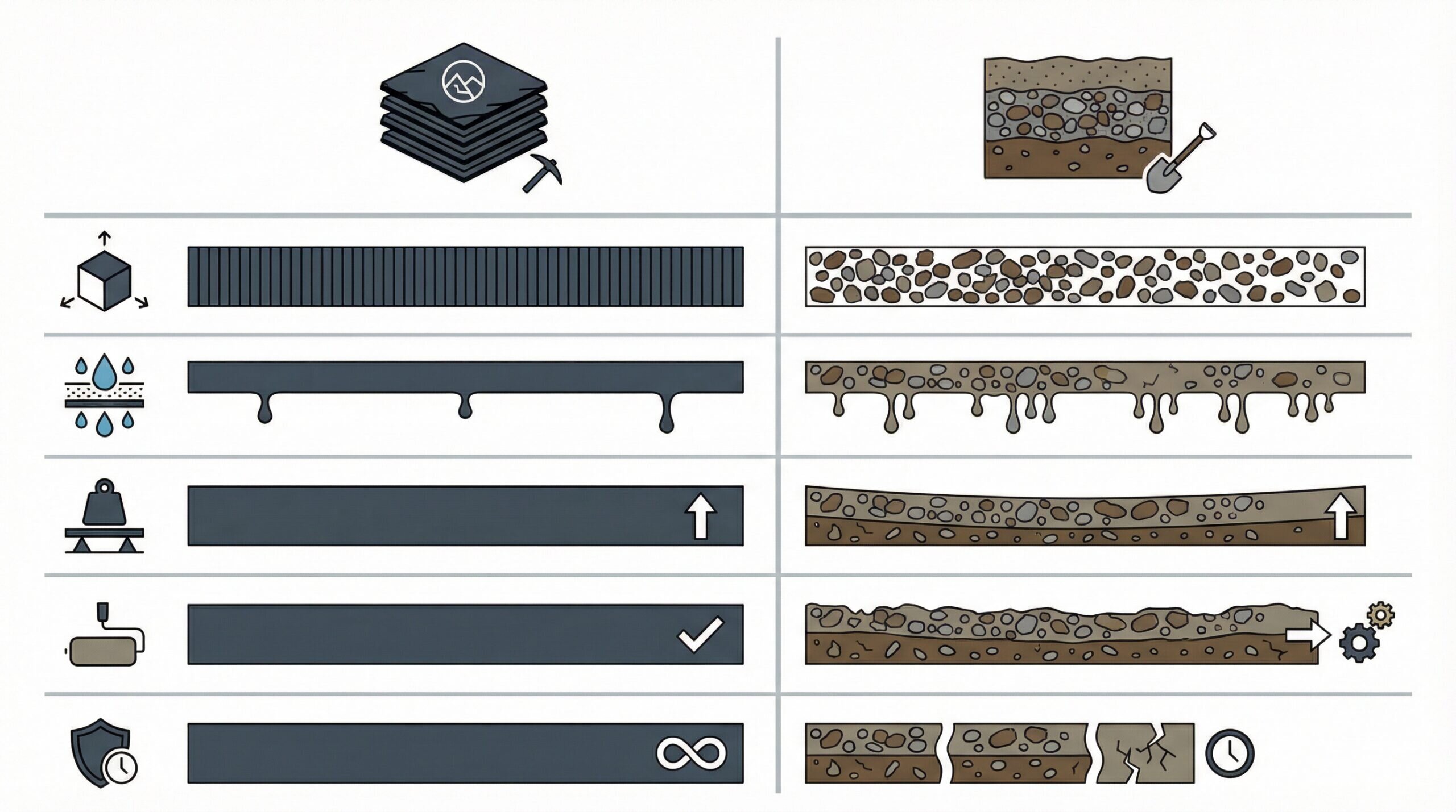 Comparison table showing slate vs conventional subbase materials properties