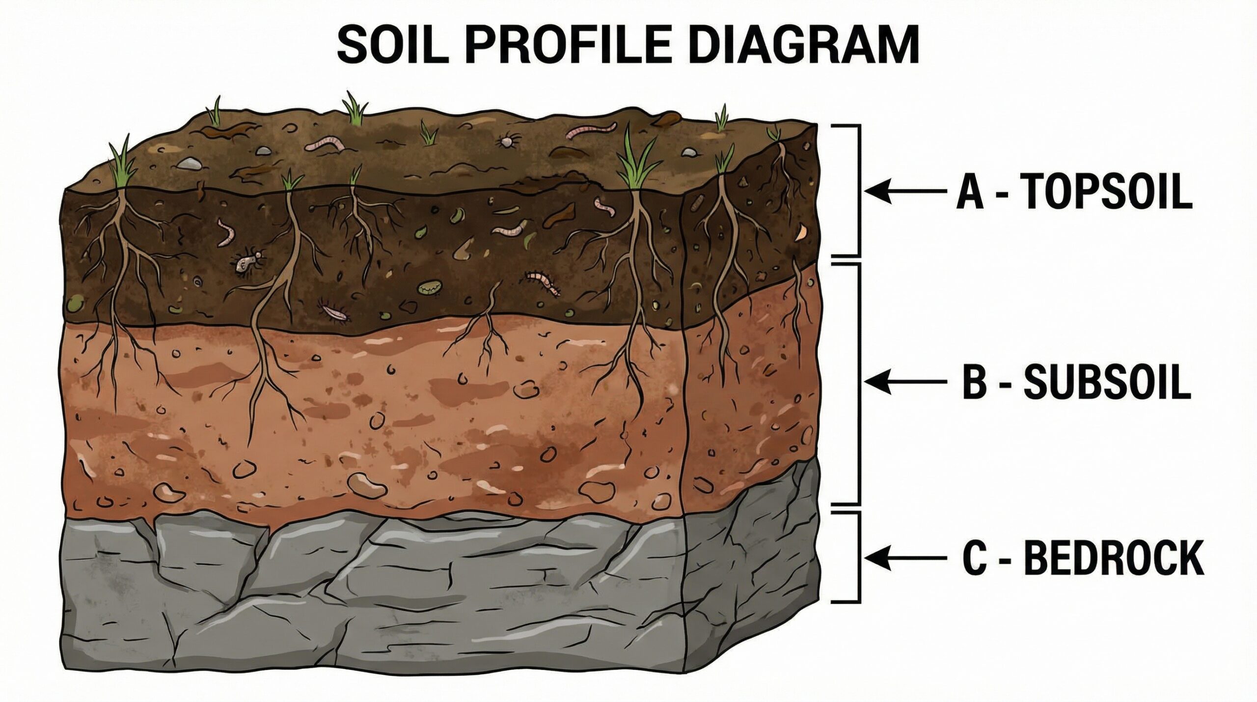 Soil profile diagram showing topsoil, subsoil, and bedrock layers