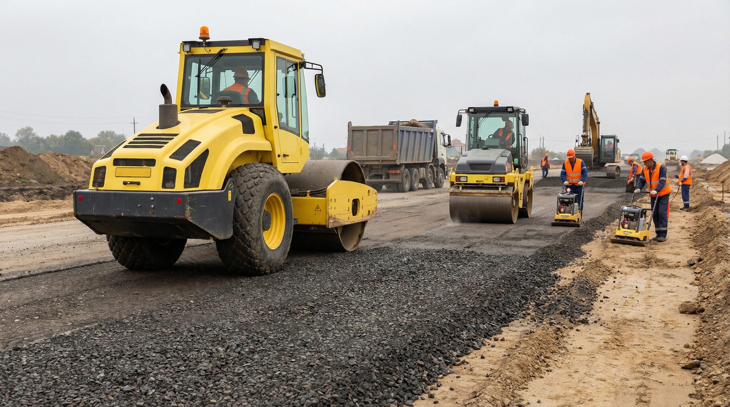 Road construction compaction of steel slag sub-base layer