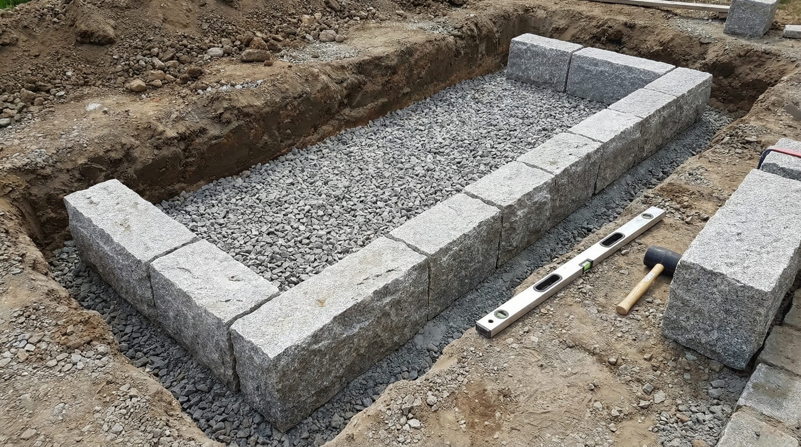 Step-by-step granite bed construction showing foundation and stacked walls
