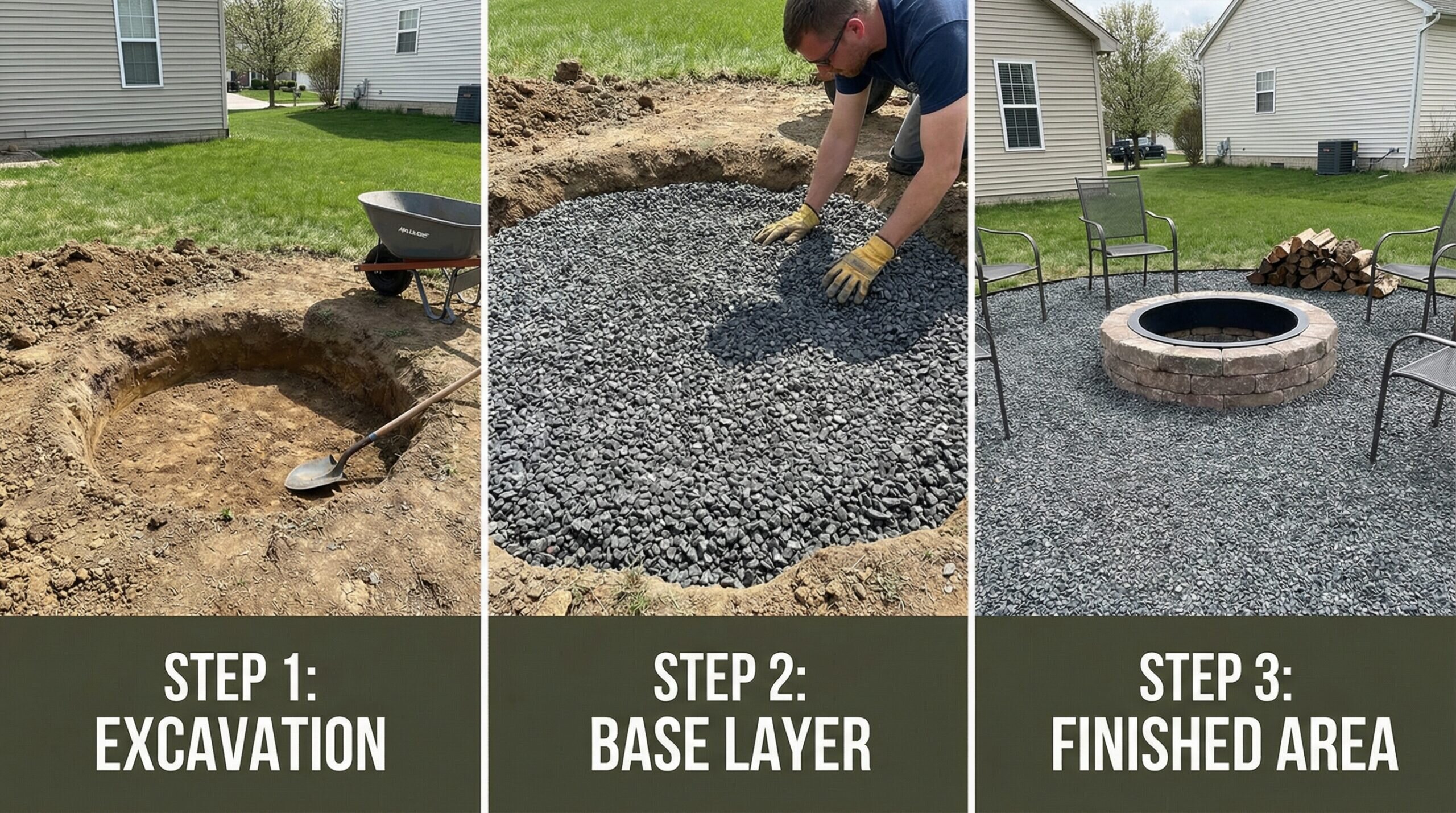 Step-by-step installation showing excavation and slag placement