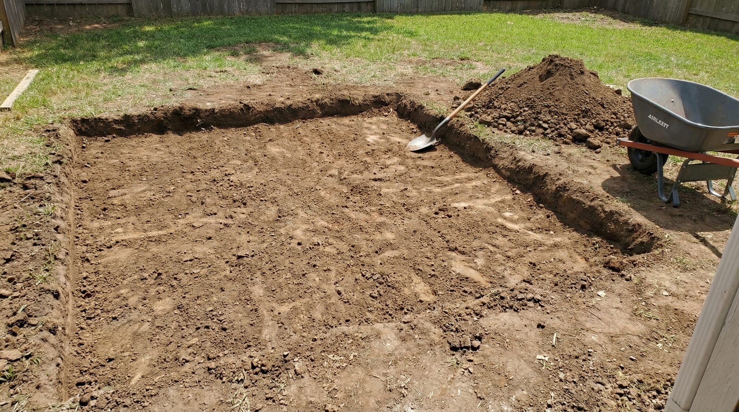 Step by step process photos of limestone patio base installation