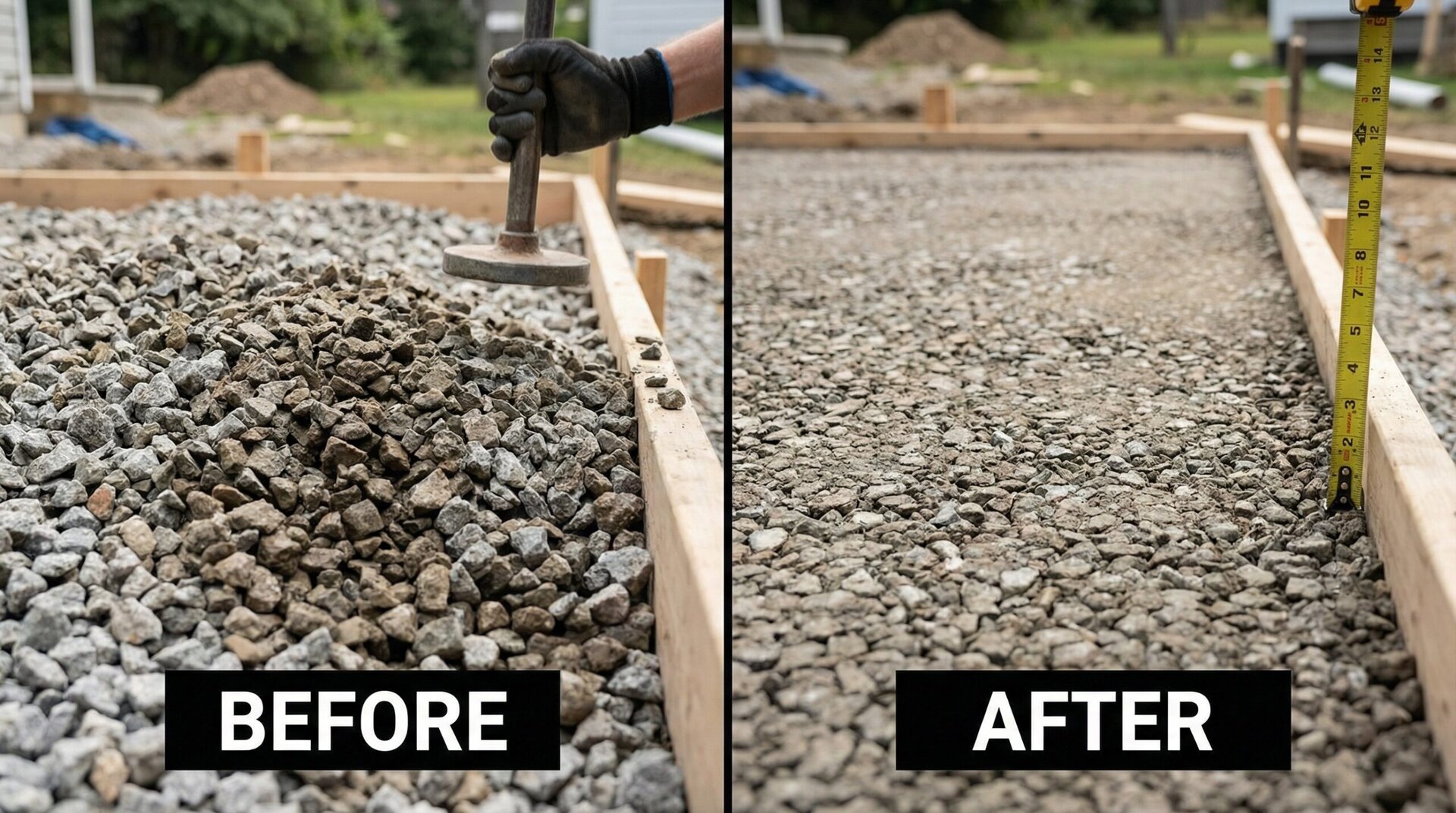 Before after comparison showing stone compaction and settling