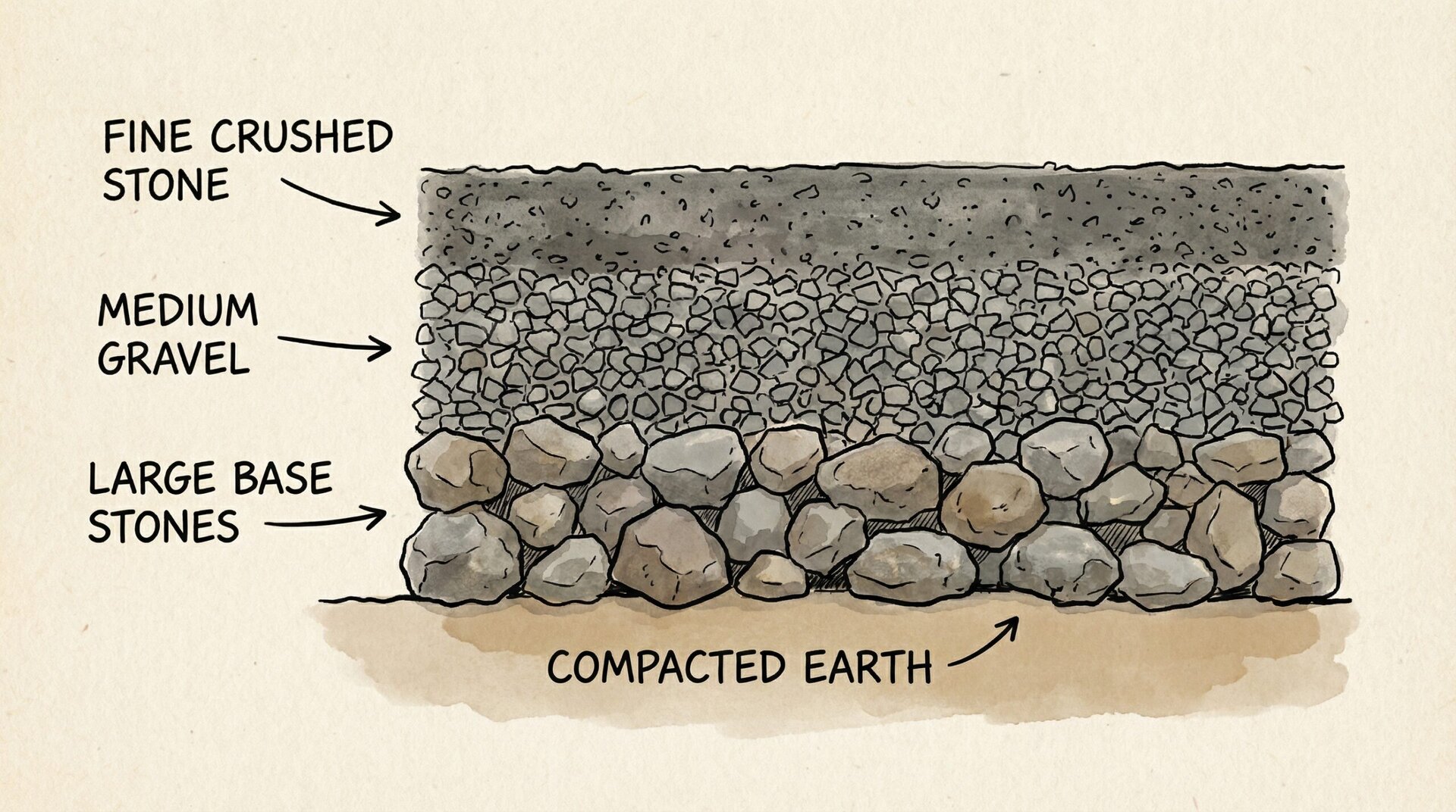 Cross-section view of three-layer gravel driveway system