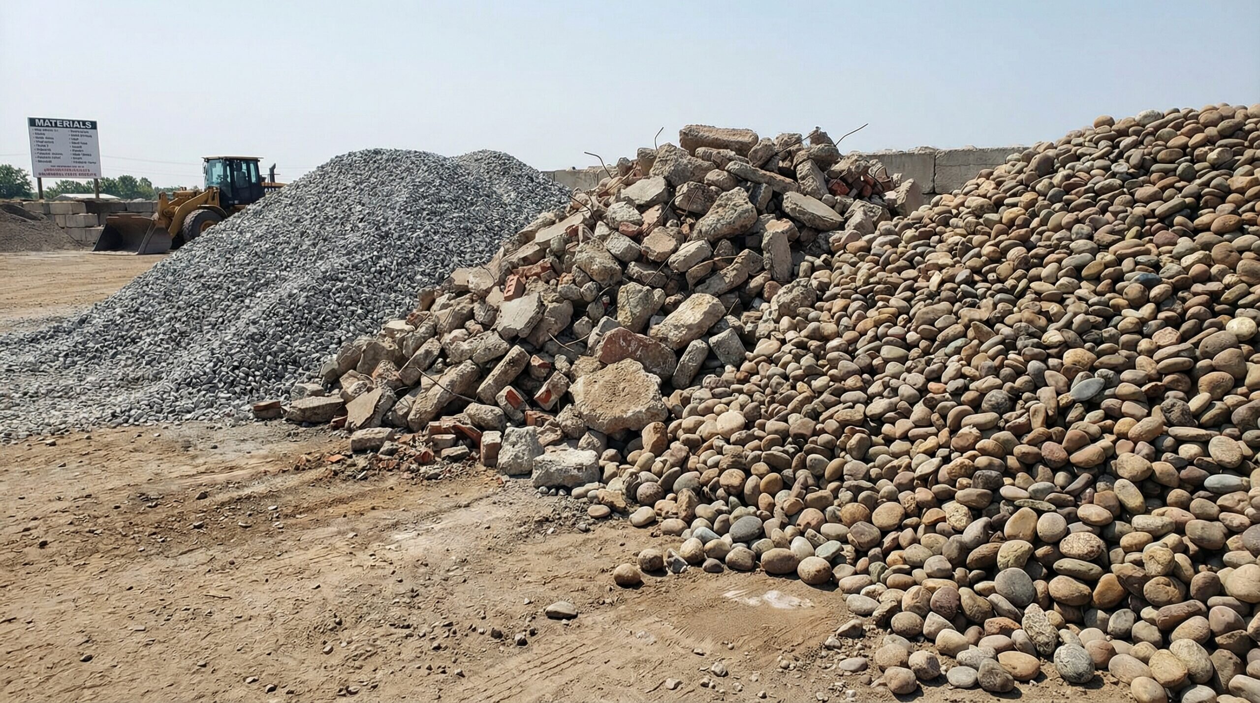 Side by side comparison of crushed stone, recycled concrete, and river rock materials