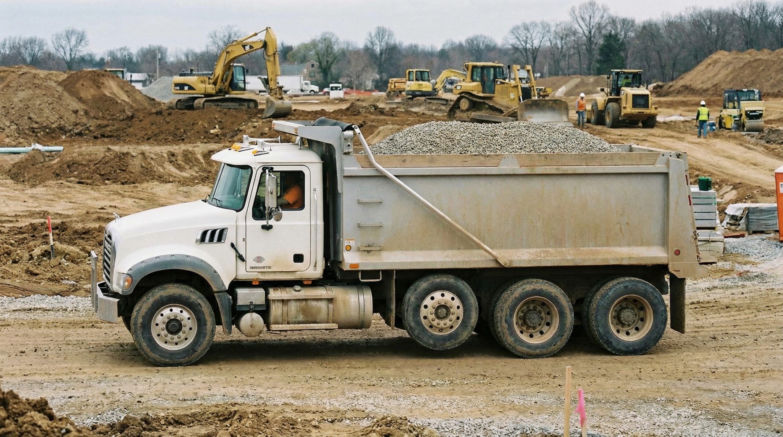 Tri-axle dump truck on construction site showing three axles