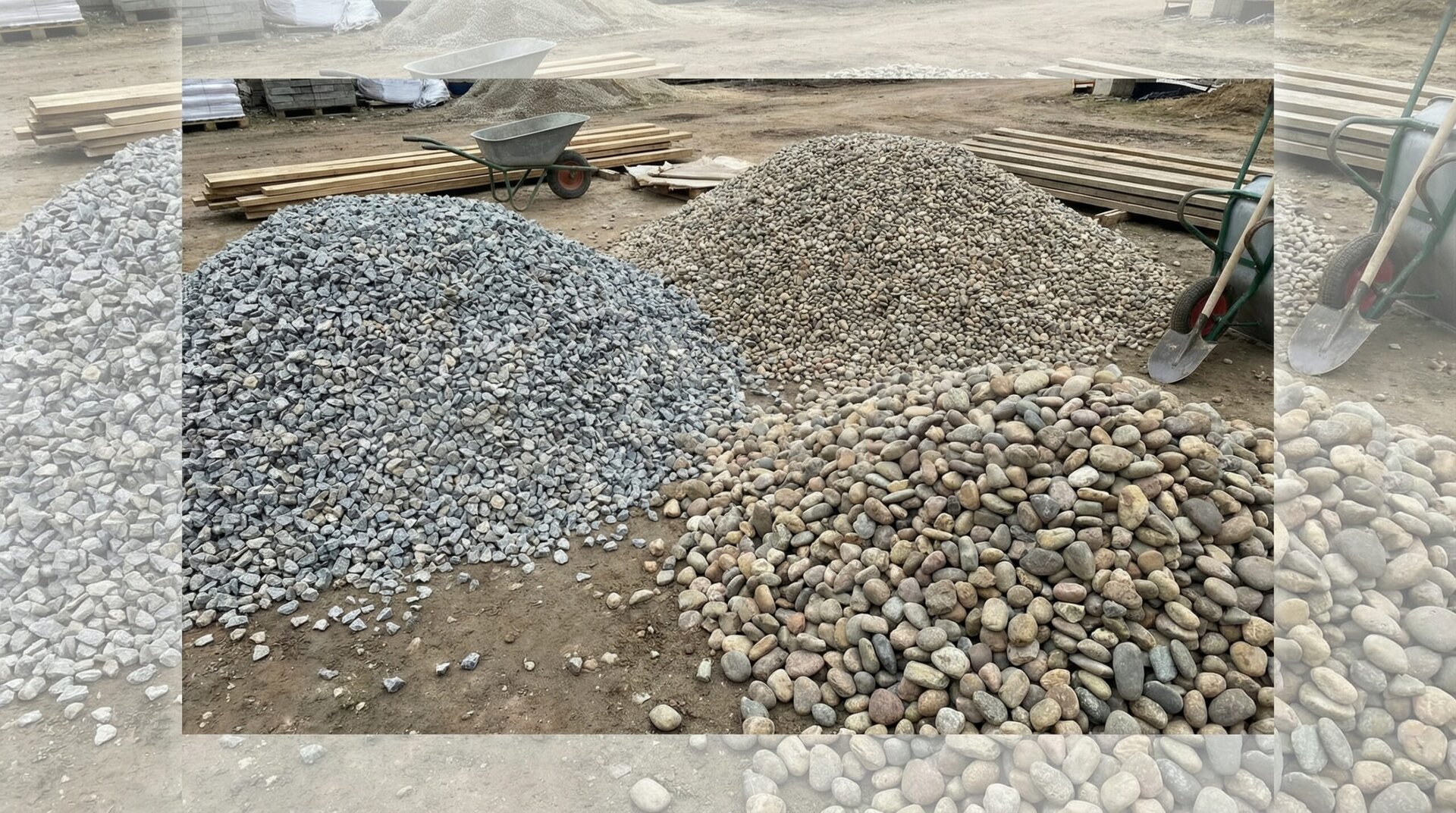 Various types of gravel including crushed stone, pea gravel, and river rock displayed in piles