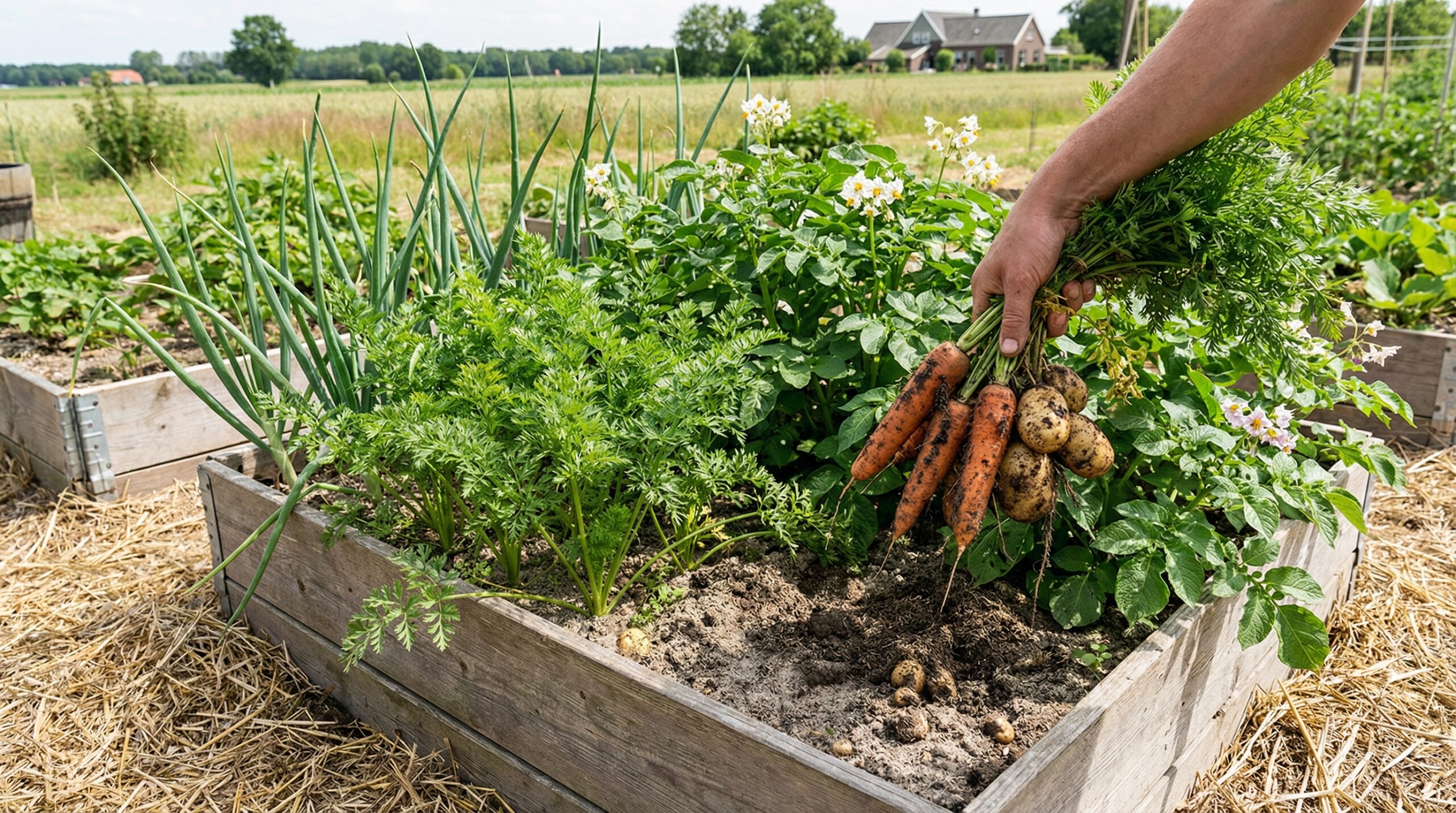 Vegetable garden with root crops growing in loamy sand soil