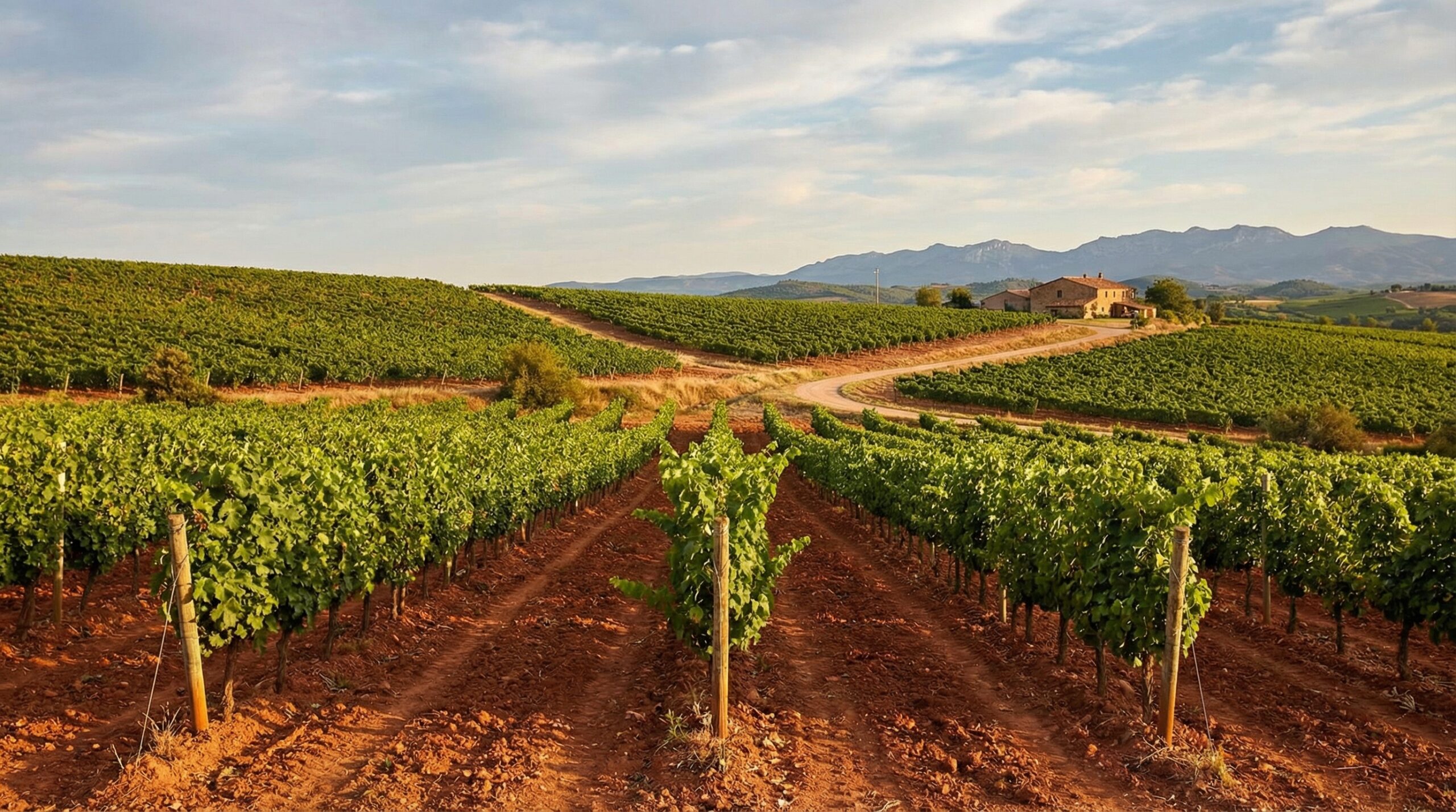 Vineyard rows growing in red clay soil with healthy grape vines