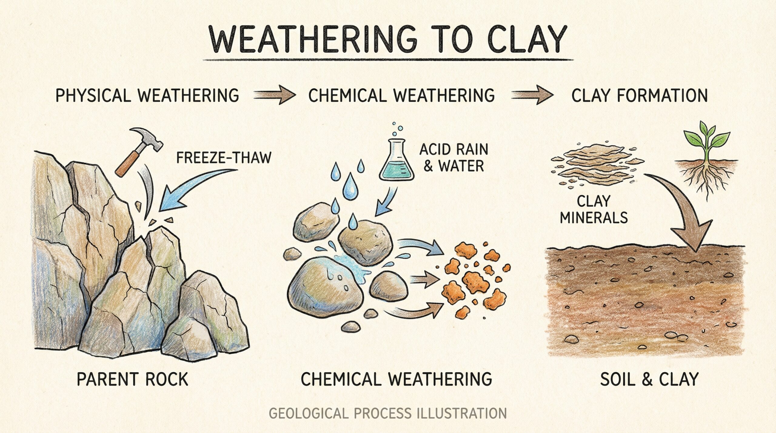 Weathering process diagram showing rock breakdown to clay formation