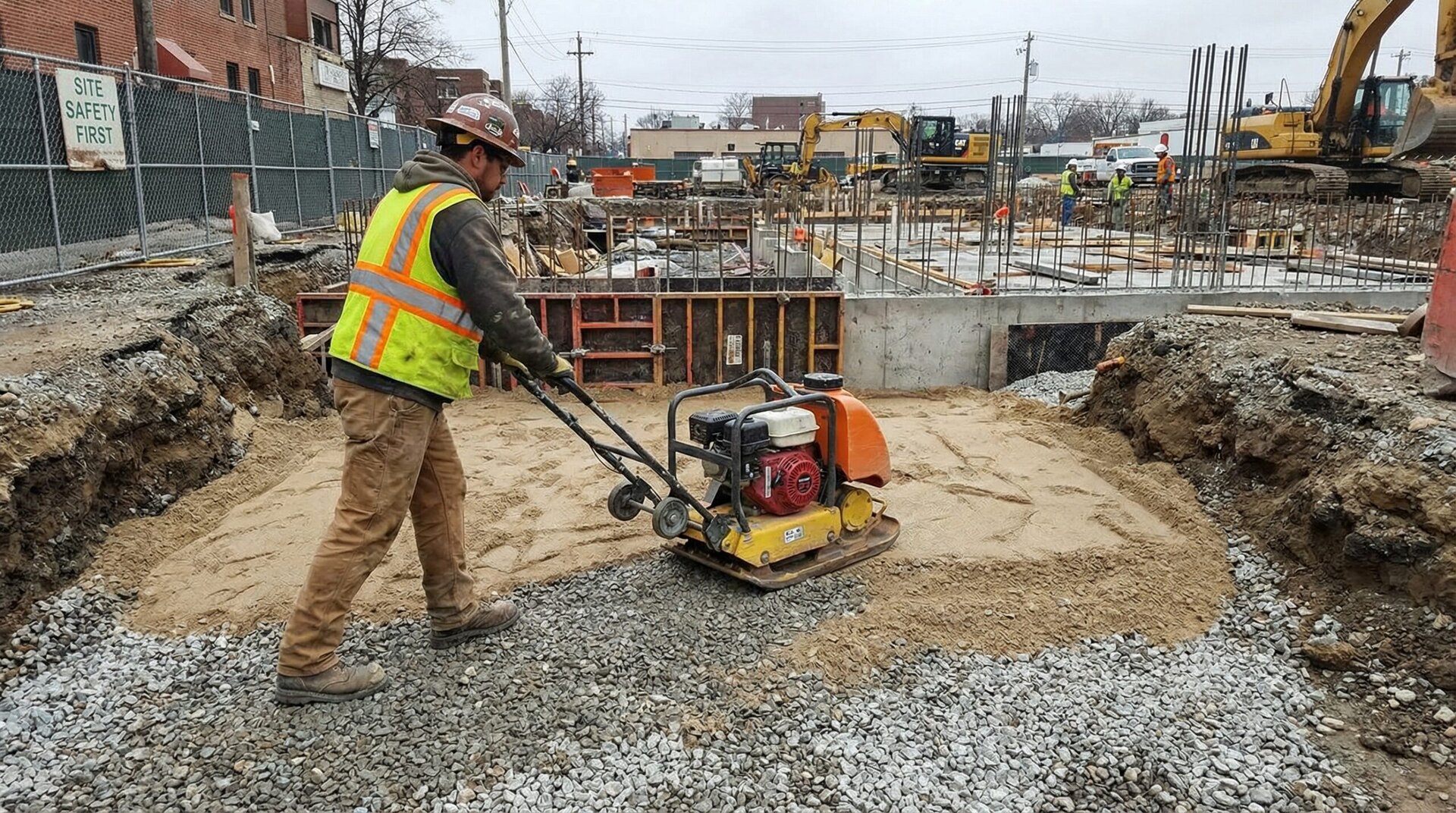 Construction worker installing base material with compactor
