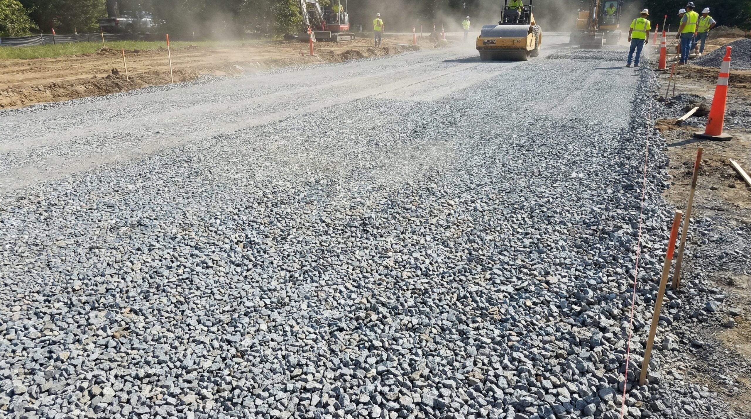 Compacted 57 stone base layer in construction site for road or driveway foundation