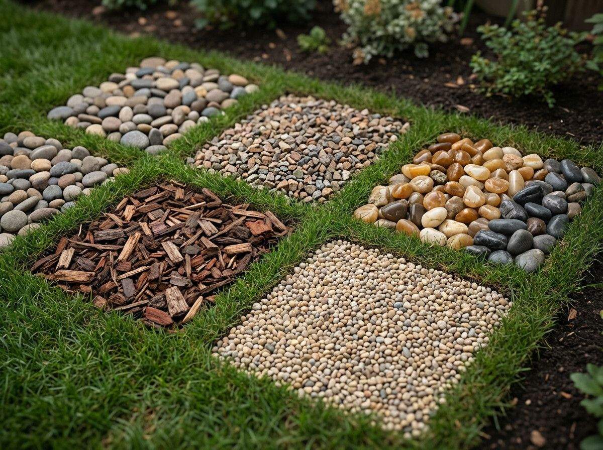 Comparison of different aggregate types including pea gravel, decomposed granite, and river rock for pet yards
