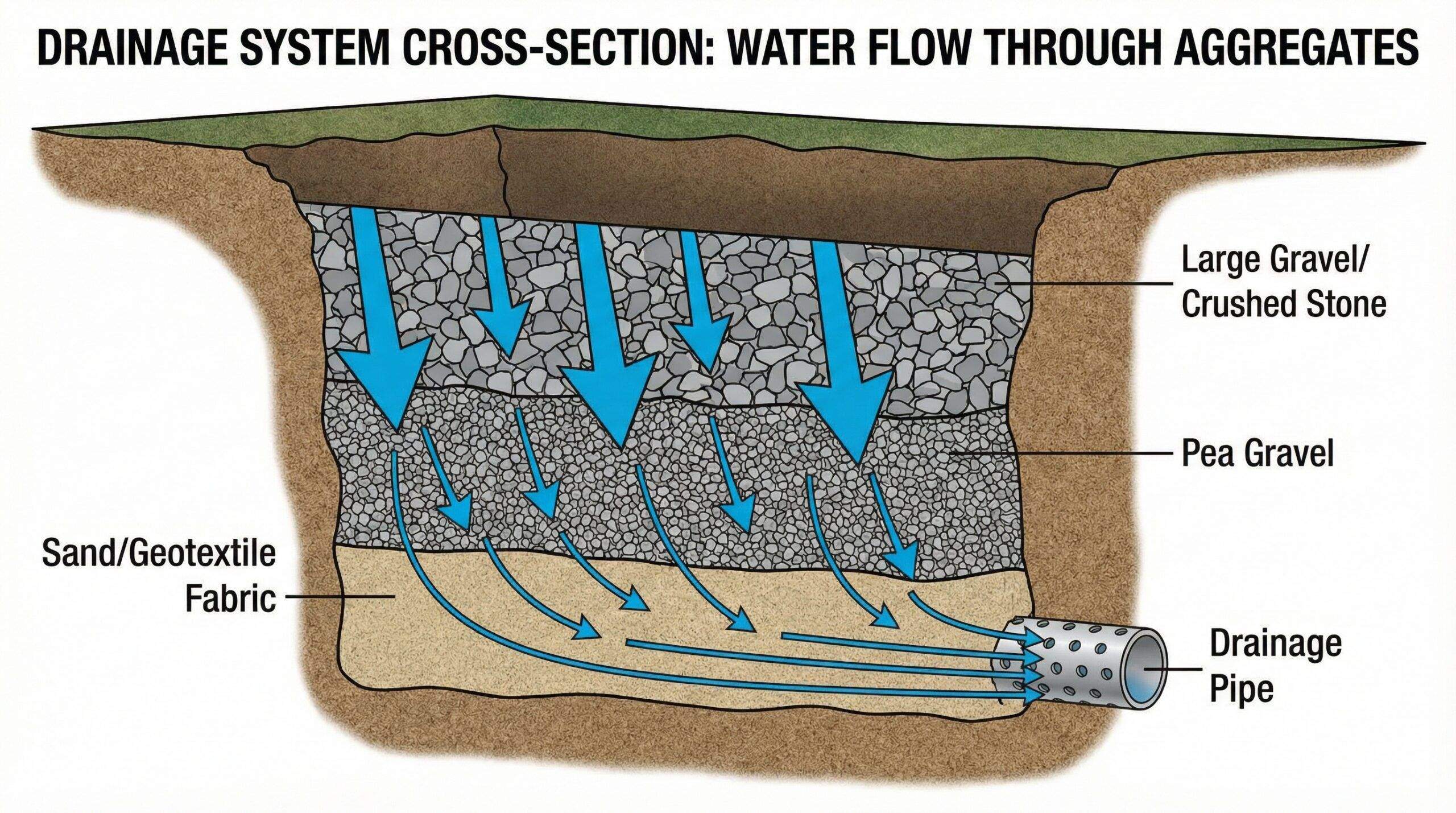 Cross-section view of different aggregates in drainage applications showing water flow patterns