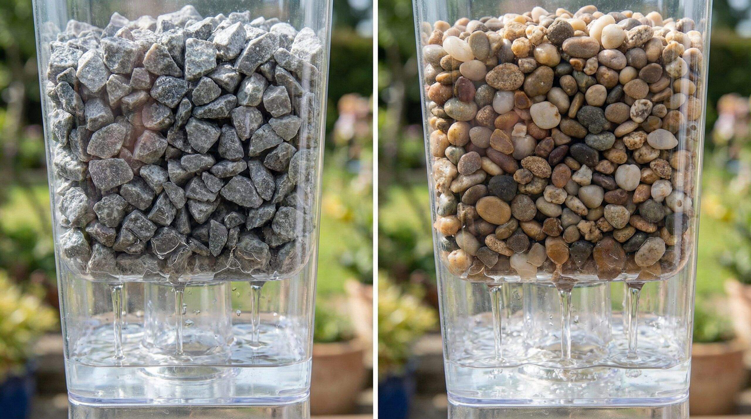 Angular crushed stone vs rounded pea gravel drainage comparison