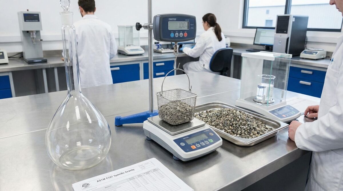 Apparent specific gravity measurement setup with gravel sample and water displacement equipment